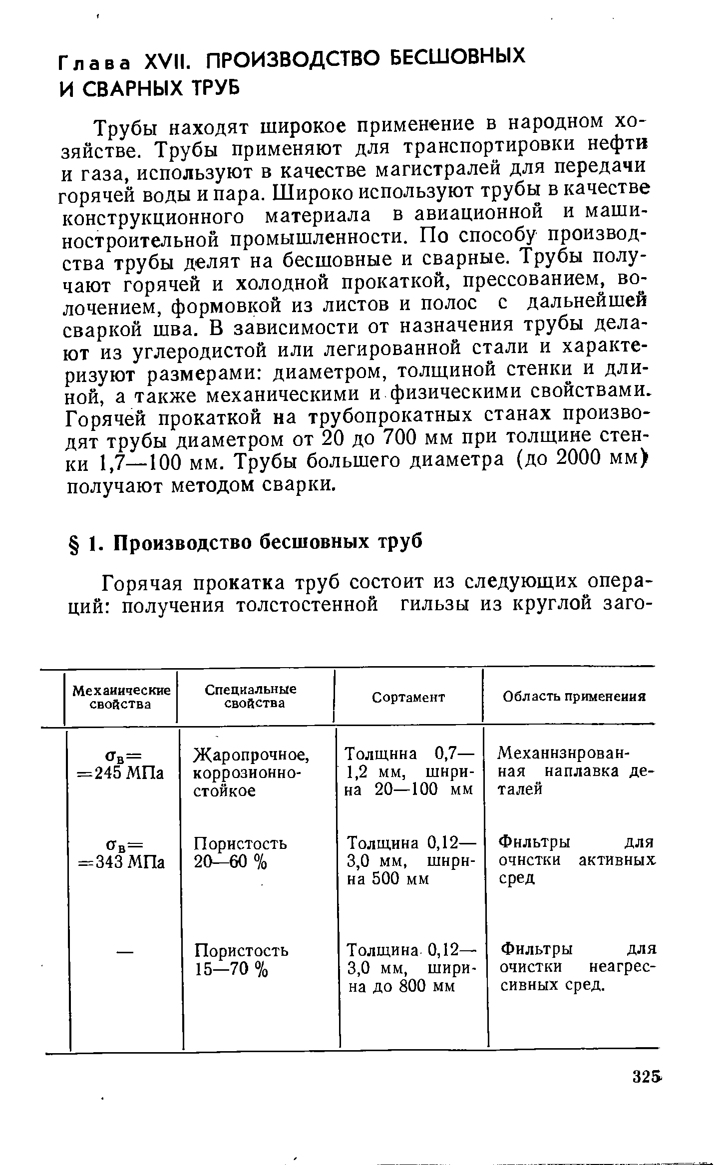 Трубы находят широкое применение в народном хозяйстве. Трубы применяют для транспортировки нефти и газа, используют в качестве магистралей для передачи горячей воды и пара. Широко используют трубы в качестве конструкционного материала в авиационной и машиностроительной промышленности. По способу производства трубы делят на бесшовные и сварные. Трубы получают горячей и холодной прокаткой, прессованием, волочением, формовкой из листов и полос с дальнейшей сваркой шва. В зависимости от назначения трубы делают из углеродистой или легированной стали и характеризуют размерами диаметром, толщиной стенки и длиной, а также механическими и физическими свойствами. Горячей прокаткой на трубопрокатных станах производят трубы диаметром от 20 до 700 мм при толщине стенки 1,7—100 мм. Трубы большего диаметра (до 2000 мм получают методом сварки.
