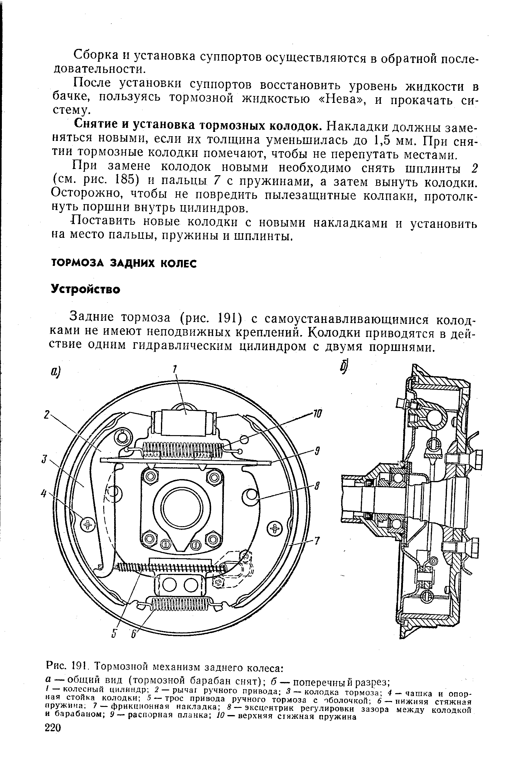 Задние тормоза (рис. 191) с самоустанавливающимися колодками не имеют неподвижных креплений. Колодки приводятся в действие одним гидравлическим цилиндром с двумя поршнями.
