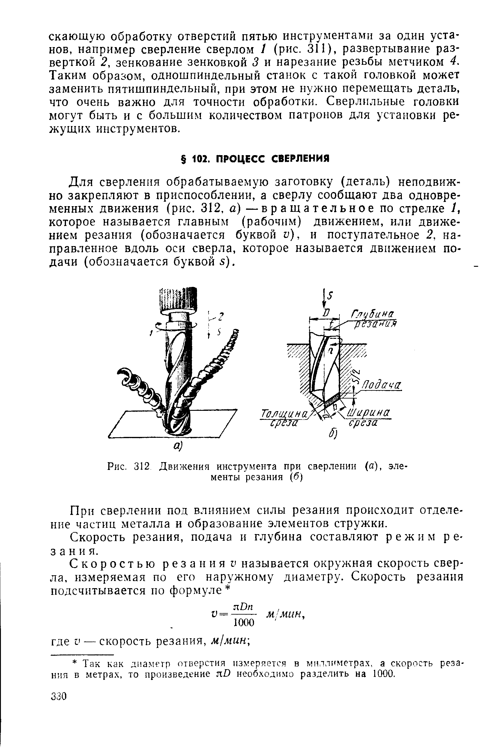 Рис. 312 Движения инструмента при сверлении (а), элементы резания (б)
