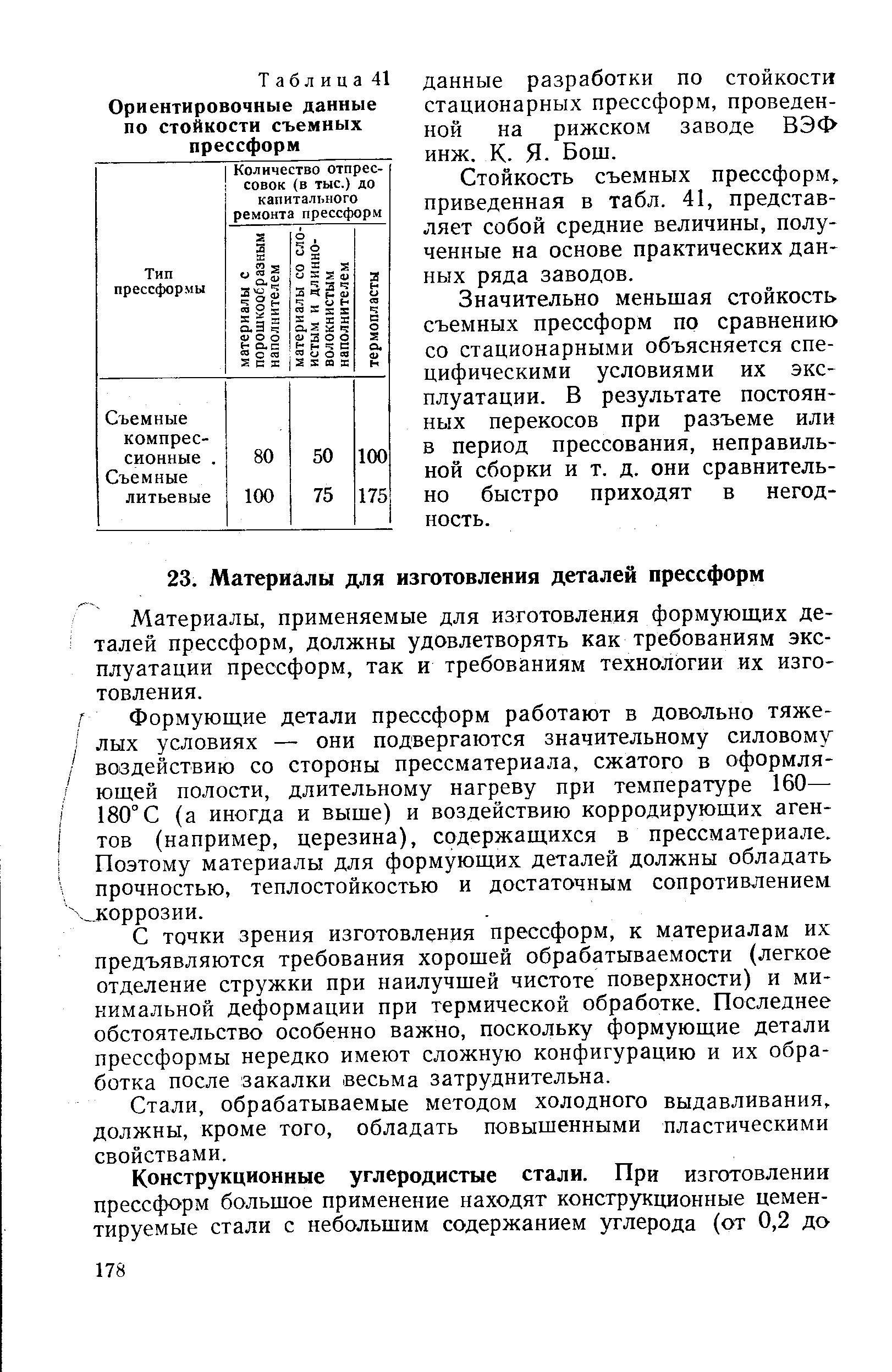 Г Формующие детали прессформ работают в довольно тяжелых условиях — они подвергаются значительному силовому воздействию со стороны прессматериала, сжатого в оформляющей полости, длительному нагреву при температуре 160— 180° С (а иногда и выше) и воздействию корродирующих агентов (например, церезина), содержащихся в прессматериале. Поэтому материалы для формующих деталей должны обладать прочностью, теплостойкостью и достаточным сопротивлением коррозии.
