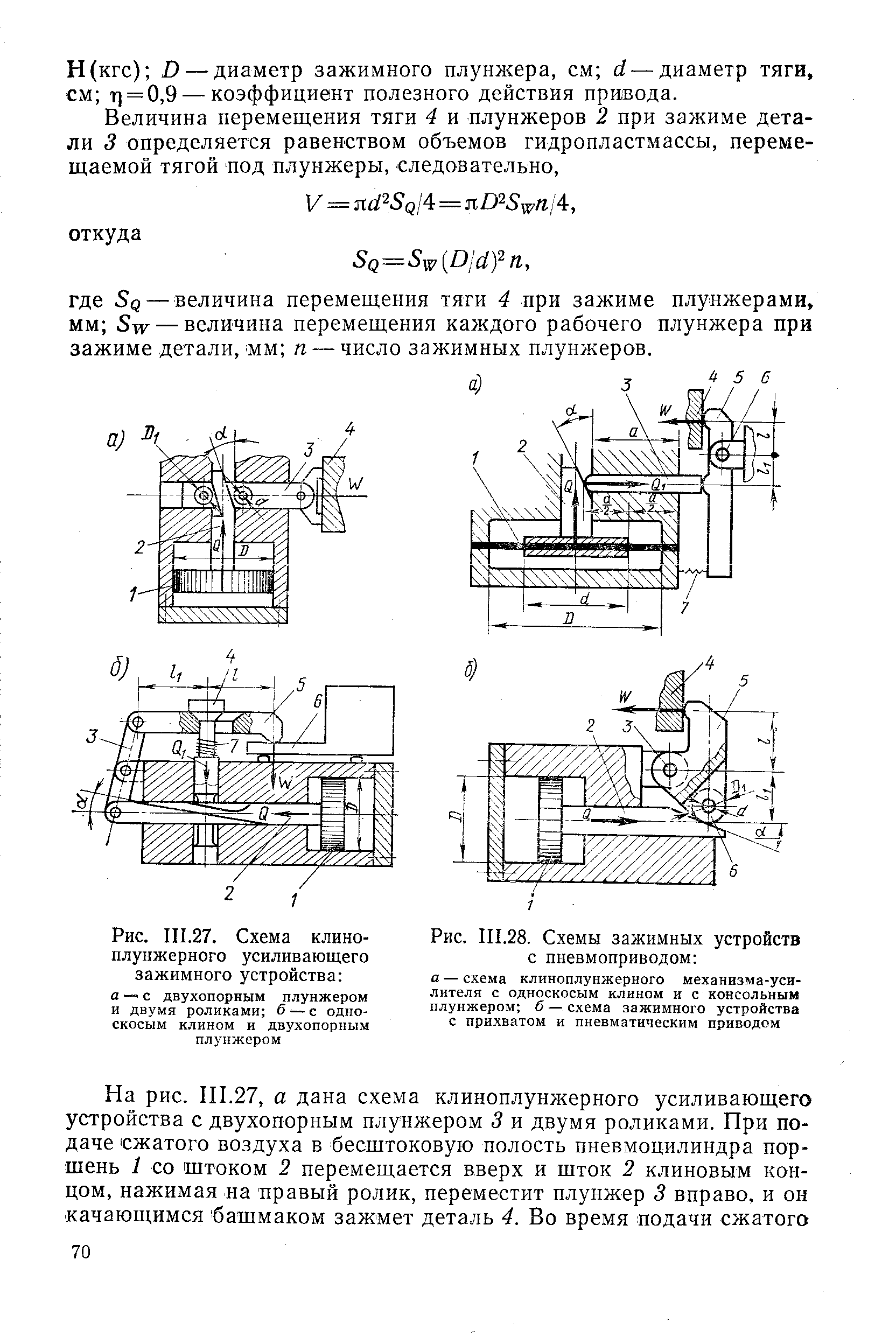 Рис. III.28. Схемы зажимных устройств с пневмоприводом а — схема клиноплунжерного механизма-усилителя с односкосым клином и с консольным плунжером б — схема зажимного устройства с прихватом и пневматическим приводом
