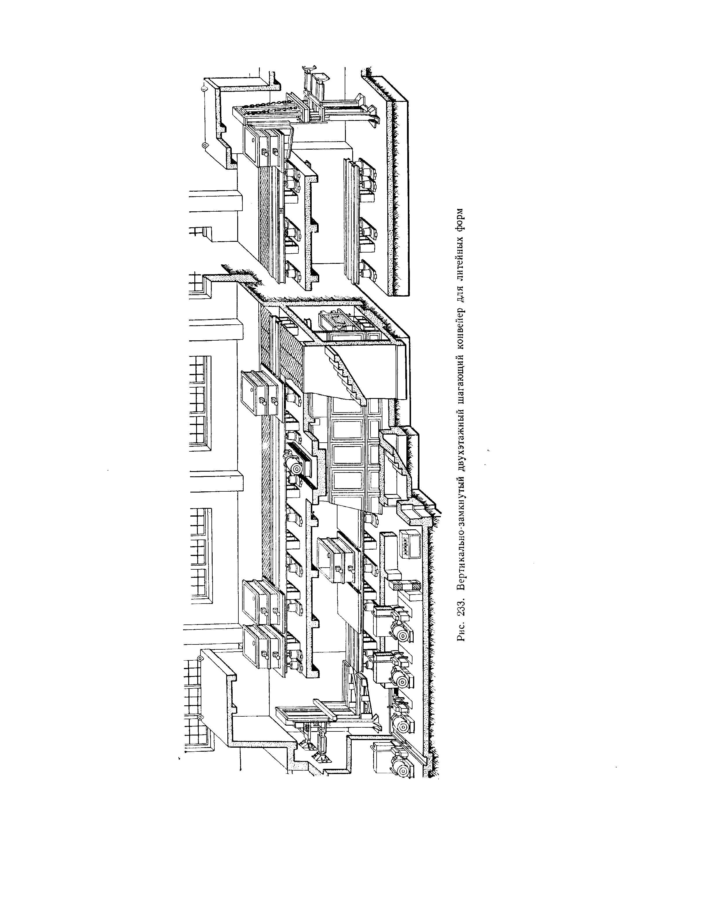 Рис. 233. Вертикально-замкнутый двухэтажный шагающий конвейер для литейных форм
