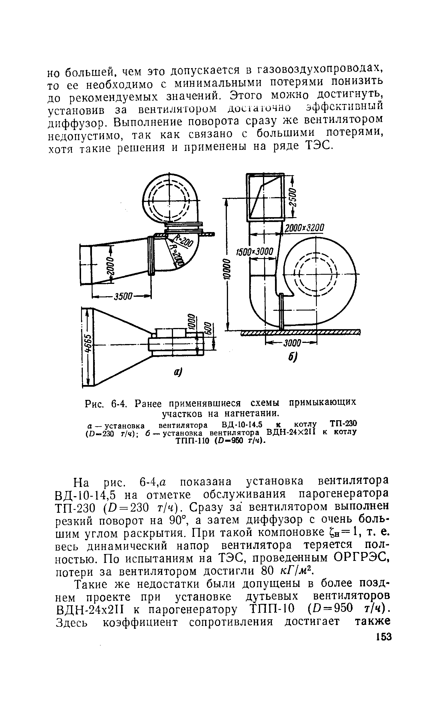 На рис. 6-4,а показана установка вентилятора ВД-10-14,5 на отметке обслуживания парогенератора ТП-230 (D = 230 т/ч). Сразу за вентилятором выполнен резкий поворот на 90°, а затем диффузор с очень большим углом раскрытия. При такой компоновке н=1, т. е. весь динамический напор вентилятора теряется полностью. По испытаниям на ТЭС, проведенным ОРГРЭС, потери за вентилятором достигли 80 кГ1м .
