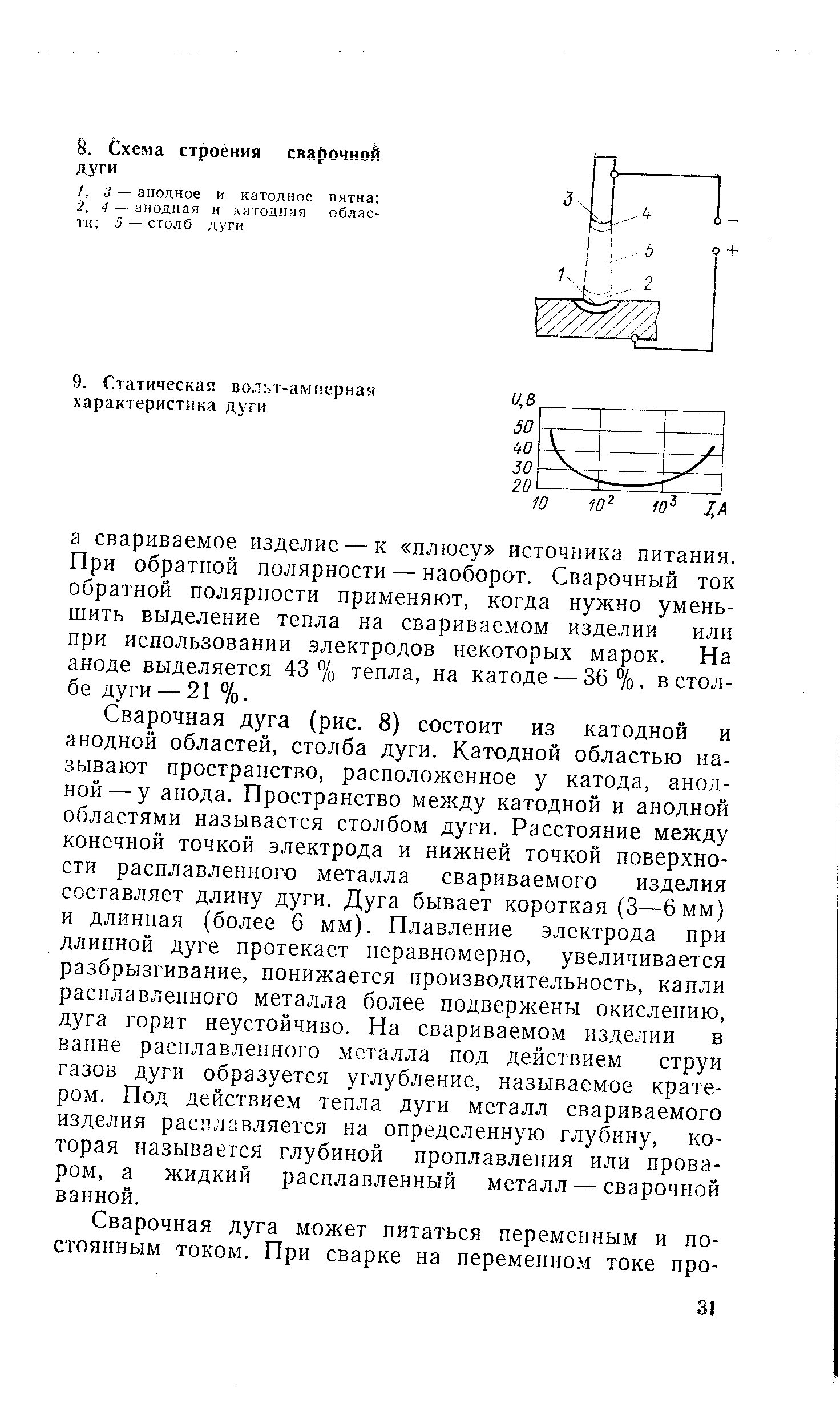 Сварочная дуга (рис. 8) состоит из катодной и анодной областей, столба дуги. Катодной областью называют пространство, расположенное у катода, анодной— у анода. Пространство между катодной и анодной областями называется столбом дуги. Расстояние между конечной точкой электрода и нижней точкой поверхности расплавленного металла свариваемого изделия составляет длину дуги. Дуга бывает короткая (3—6 мм) и длинная (более 6 мм). Плавление электрода при длинной дуге протекает неравномерно, увеличивается разбрызгивание, понижается производительность, капли расплавленного металла более подвержены окислению, дуга горит неустойчиво. На свариваемом изделии в ванне расплавленного металла под действием струи газов дуги образуется углубление, называемое кратером. Под действием тепла дуги металл свариваемого изделия расплавляется на определенную глубину, которая называется глубиной проплавления или проваром, а жидкий расплавленный металл — сварочной ванной.
