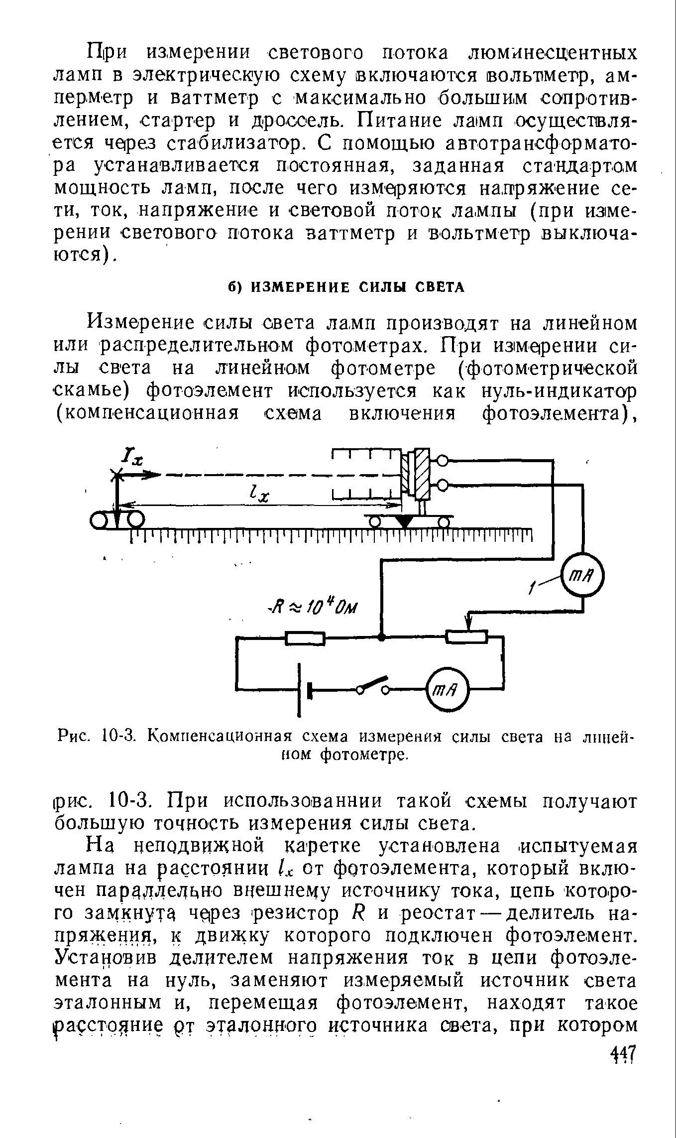 Рис. 10-3. Компенсационная схема измерения силы света на лппей-иом фотометре.
