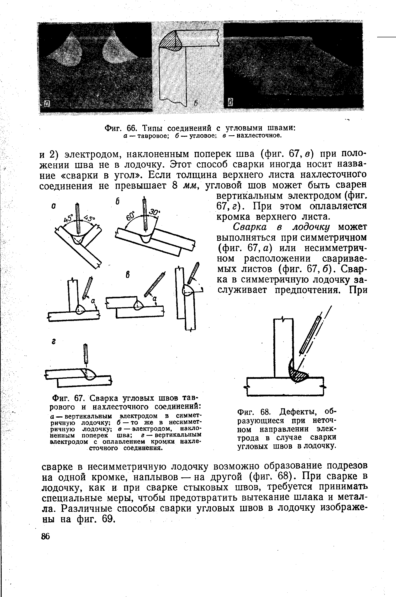 Фиг. 68. Дефекты, образующиеся при неточном направлении электрода в случае сварки угловых швов в лодочку.
