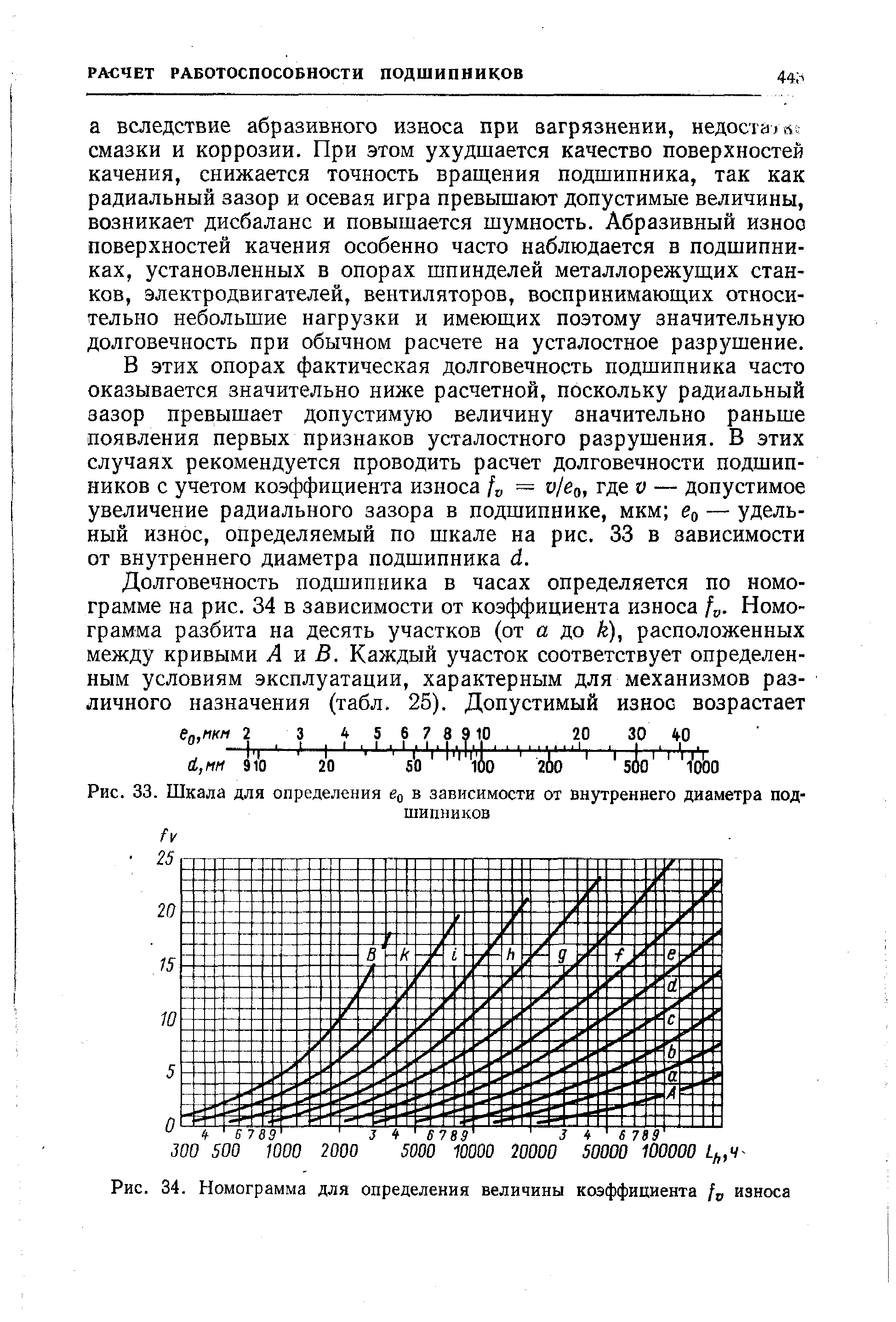 В этих опорах фактическая долговечность подшипника часто оказывается значительно ниже расчетной, поскольку радиальный зазор превышает допустимую величину значительно раньше появления первых признаков усталостного разрушения. В этих случаях рекомендуется проводить расчет долговечности подшипников с учетом коэффициента износа / = о/бо, где V — допустимое увеличение радиального зазора в подшипнике, мкм — удельный износ, определяемый по шкале на рис. 33 в зависимости от внутреннего диаметра подшипника д..
