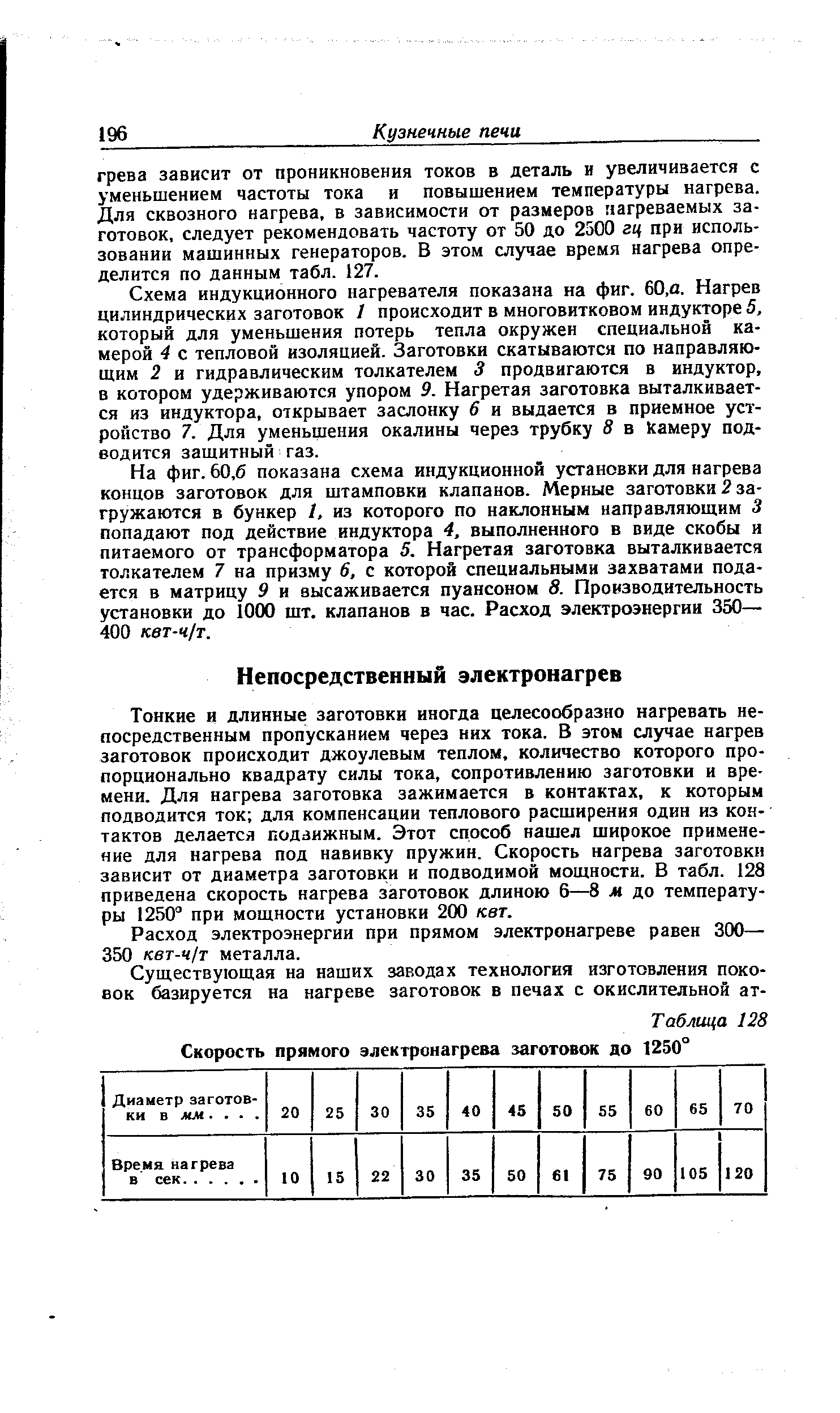 Тонкие и длинные заготовки иногда целесообразно нагревать непосредственным пропусканием через них тока. В этом случае нагрев заготовок происходит джоулевым теплом, количество которого пропорционально квадрату силы тока, сопротивлению заготовки и времени. Для нагрева заготовка зажимается в контактах, к которым подводится ток для компенсации теплового расширения один из контактов делается подвижным. Этот способ нашел широкое применение для нагрева под навивку пружин. Скорость нагрева заготовки зависит от диаметра заготовки и подводимой мощности. В табл. 128 приведена скорость нагрева заготовок длиною 6—8 м до температуры 1250 при мощности установки 200 квт.
