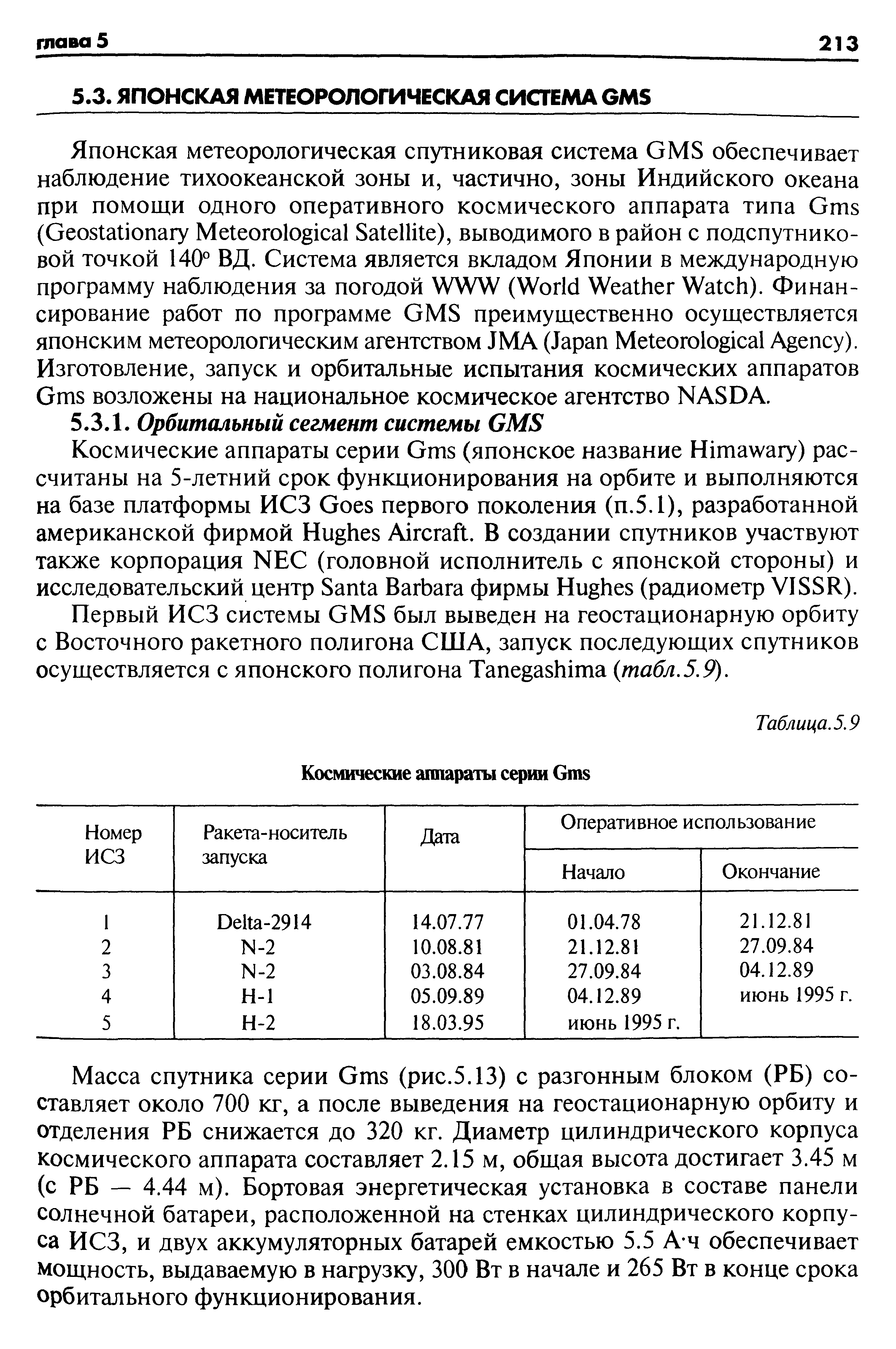 Первый ИСЗ системы GMS был выведен на геостационарную орбиту с Восточного ракетного полигона США, запуск последующих спутников осуществляется с японского полигона Tanegashima табл. 5.9).
