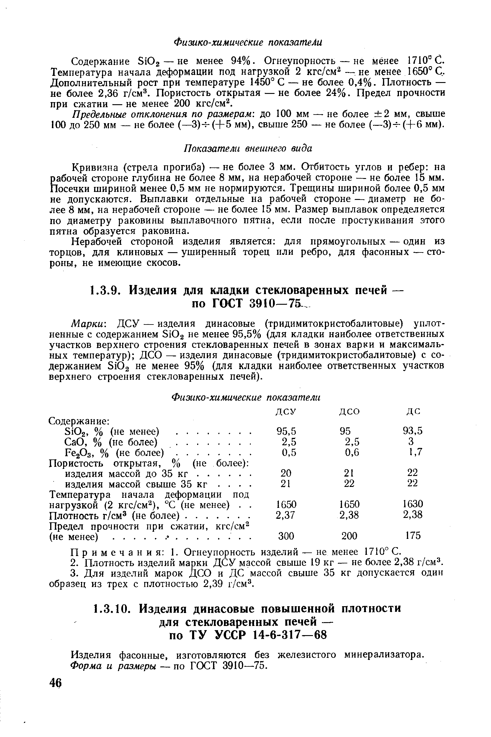 Марки ДСУ — изделия динасовые (тридимитокристобалитовые) уплотненные с содержанием ЗЮз не менее 95,5% (для кладки наиболее ответственных участков верхнего строения стекловаренных печей в зонах варки и максимальных температур) ДСО — изделия динасовые (тридимитокристобалитовые) с содержанием ЗЮз не менее 95% (для кладки наиболее ответственных участков верхнего строения стекловаренных печей).
