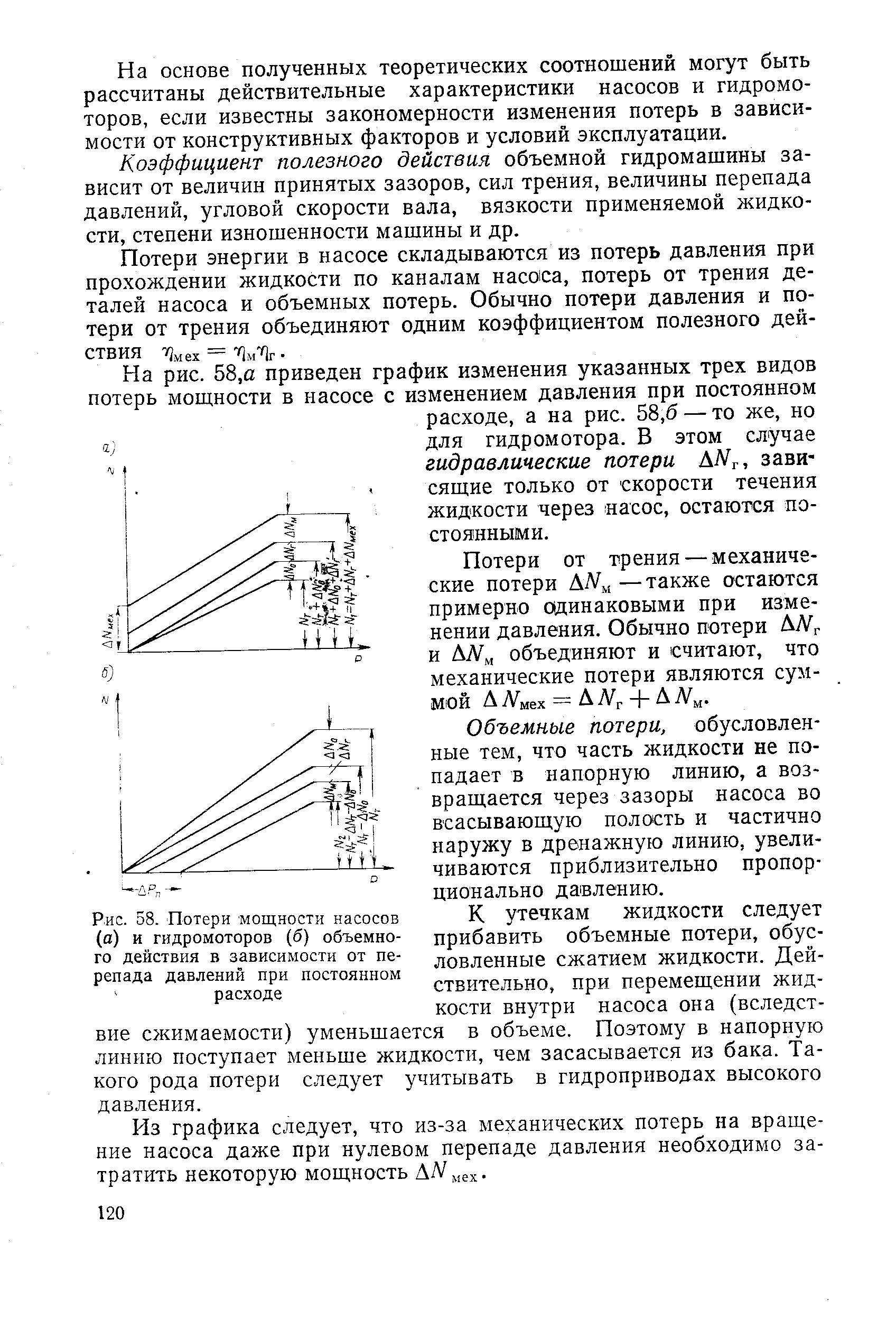 Рис. 58. <a href="/info/106138">Потери мощности</a> насосов (а) и гидромоторов (б) объемного действия в зависимости от <a href="/info/131272">перепада давлений</a> при постоянном расходе
