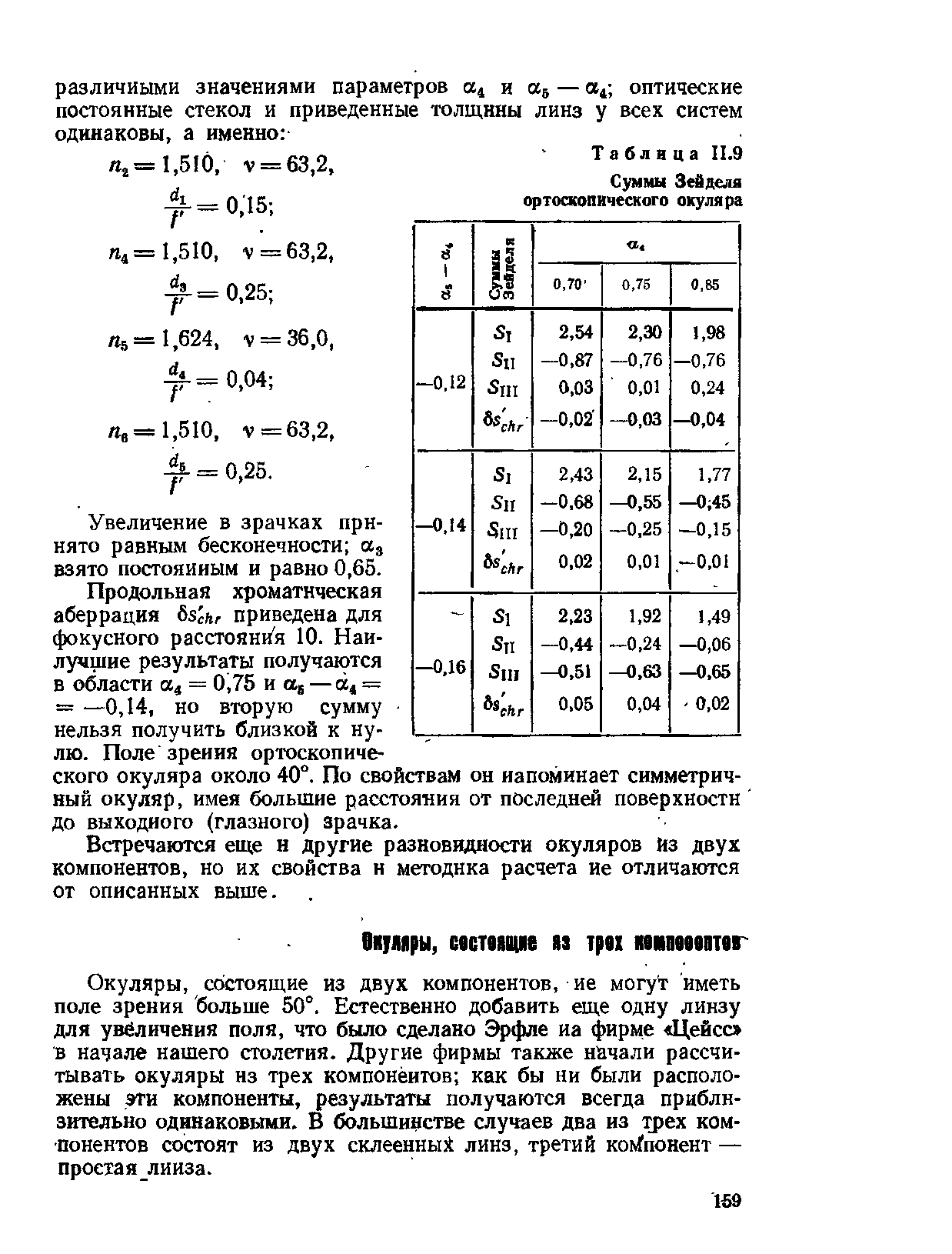 Таблица II.9 <a href="/info/412258">Суммы Зейделя</a> ортоскопического окуляра
