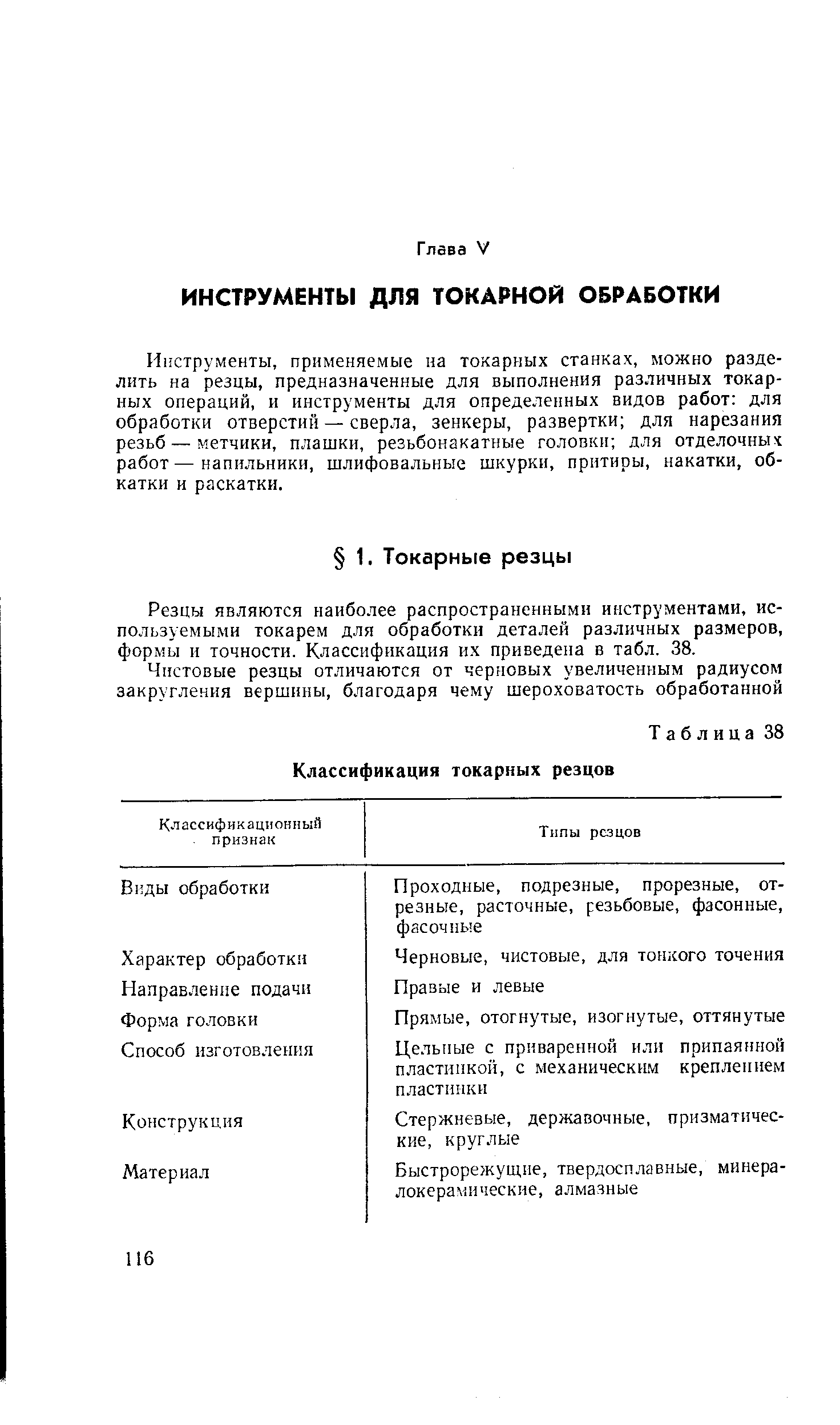 Инструменты, применяемые на токарных станках, можно разделить на резцы, предназначенные для выполнения различных токарных операций, и инструменты для определенных видов работ для обработки отверстий — сверла, зенкеры, развертки для нарезания резьб — метчики, плашки, резьбонакатные головки для отделочных работ—напильники, шлифовальные шкурки, притиры, накатки, обкатки и раскатки.
