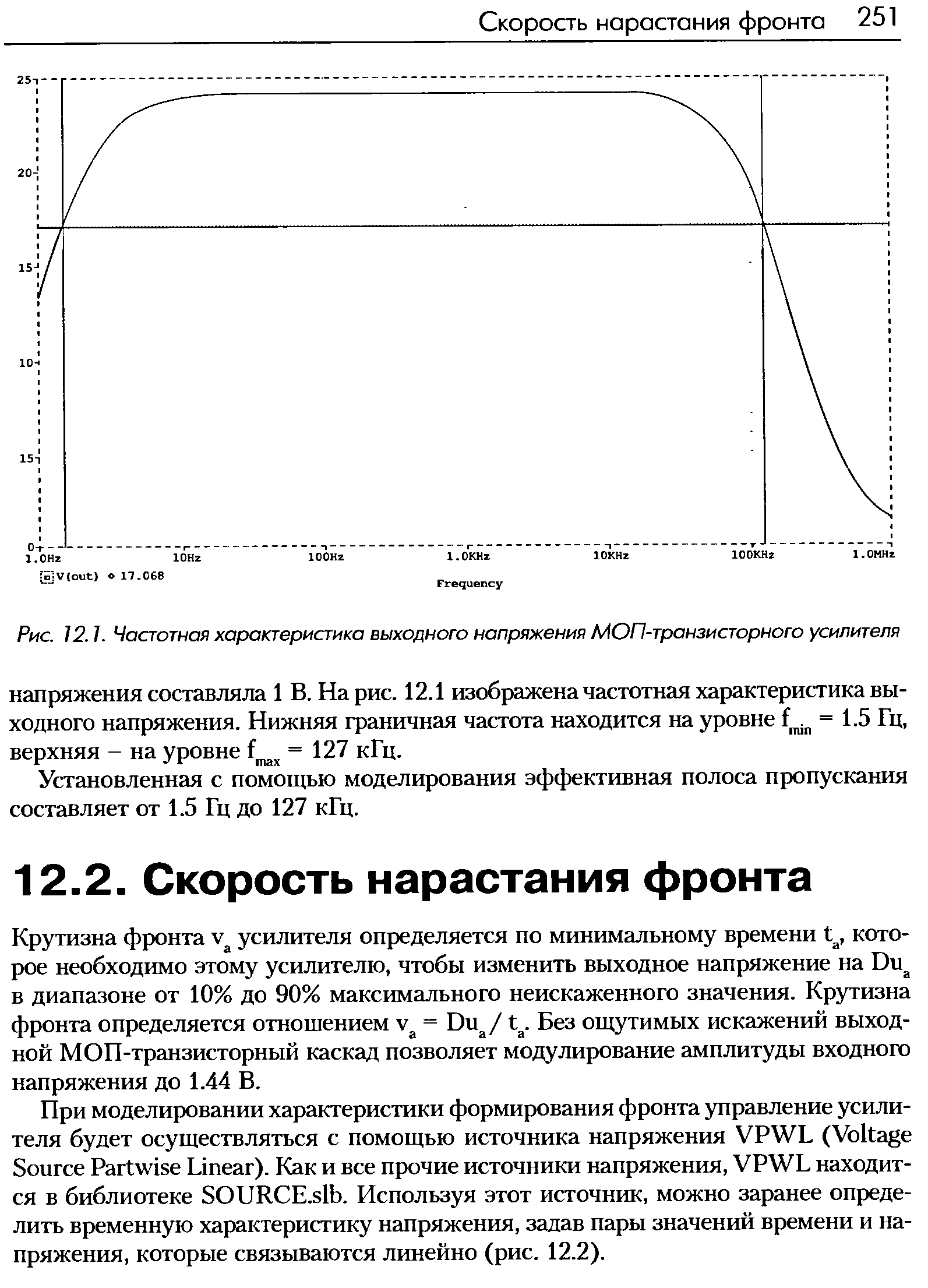 Крутизна фронта усилителя определяется по минимальному времени которое необходимо этому усилителю, чтобы изменить выходное напряжение на Du в диапазоне от 10% до 90% максимального неискаженного значения. Крутизна фронта определяется отношением = Du /1 . Без ощутимых искажений выходной МОП-транзисторный каскад позволяет модулирование амплитуды входного напряжения до 1.44 В.
