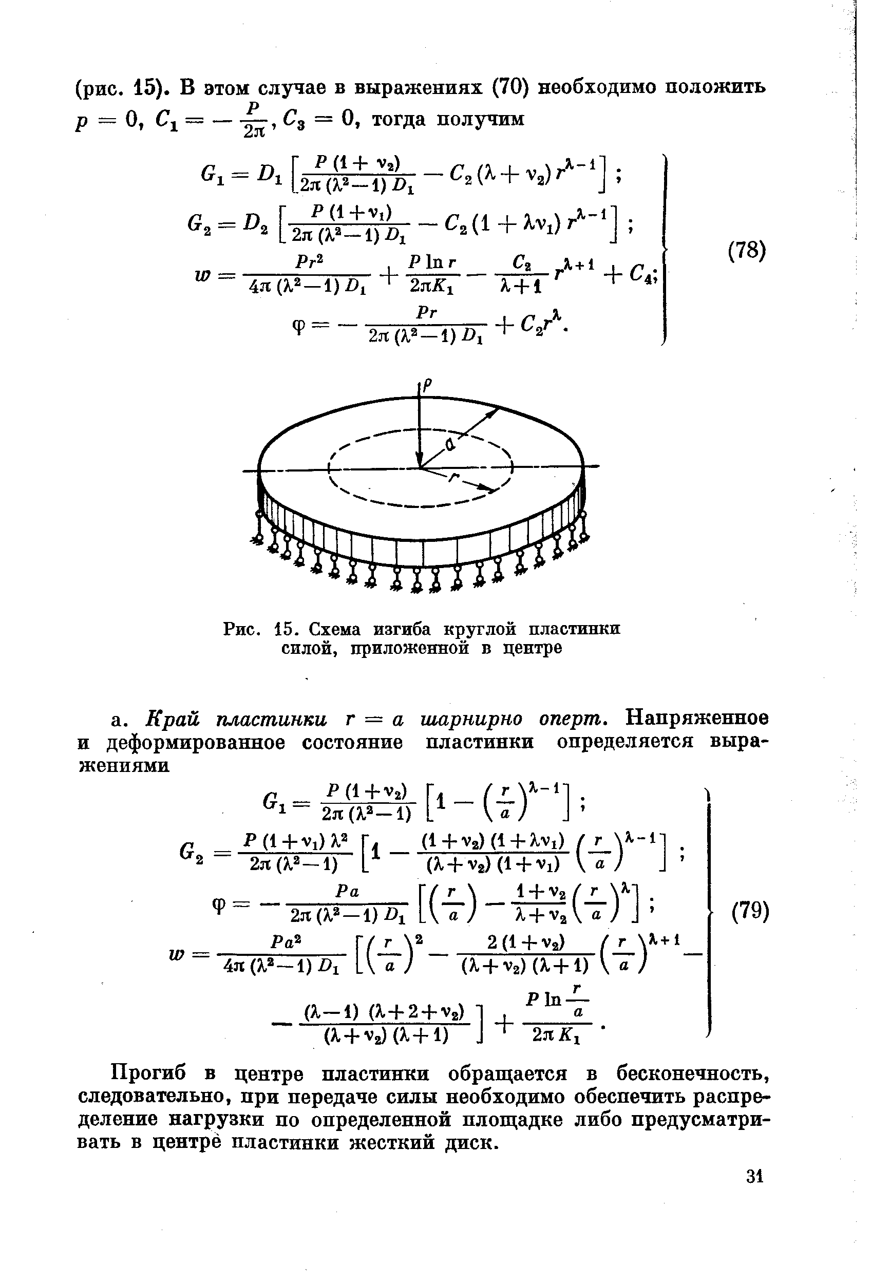 Прогиб в центре пластинки обращается в бесконечность, следовательно, при передаче силы необходимо обеспечить распределение нагрузки по определенной площадке либо предусматривать в центре пластинки жесткий диск.
