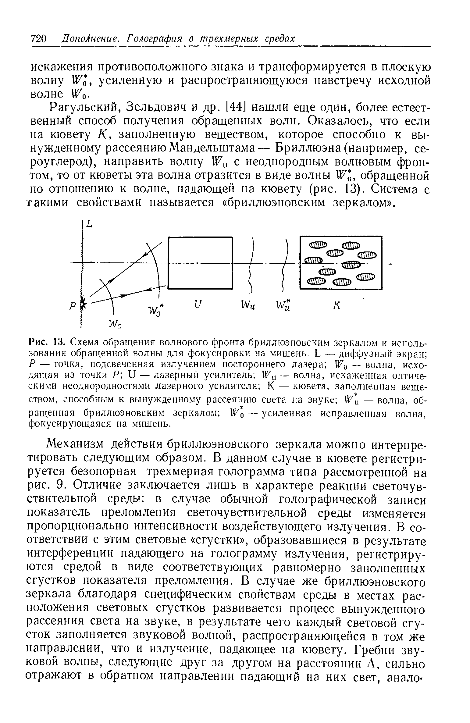 Рис. 13. Схема <a href="/info/175726">обращения волнового фронта</a> бриллюэновским зеркалом и использования обращенной волны для фокусировки на мишень. L — диффузный экран Р — точка, подсвеченная излучением постороннего лазера Wg — волна, исходящая из точки Р и — <a href="/info/371818">лазерный усилитель</a> — волна, искаженная <a href="/info/400537">оптическими неоднородностями</a> <a href="/info/371818">лазерного усилителя</a> К — кювета, заполненная веществом, способным к <a href="/info/368844">вынужденному рассеянию света</a> на звуке Wu — волна, обращенная бриллюэновским зеркалом — усиленная исправленная волна, фокусирующаяся на мишень.
