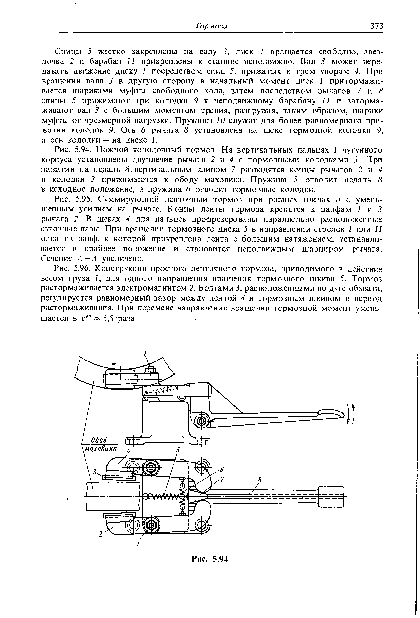 Рис. 5.94. Ножной <a href="/info/120014">колодочный тормоз</a>. На вертикальных пальцах I чугунного корпуса установлены <a href="/info/53337">двуплечие рычаги</a> 2 и 4 с <a href="/info/250799">тормозными колодками</a>. 3. При нажатии на педаль 8 вертикальным клином 7 разводятся концы рычагов 2 и 4 и колодки 3 прижимаются к <a href="/info/177217">ободу маховика</a>. Пружина 5 отводит педаль 8 в <a href="/info/468256">исходное положение</a>, а пружина 6 отводит тормозные колодки.
