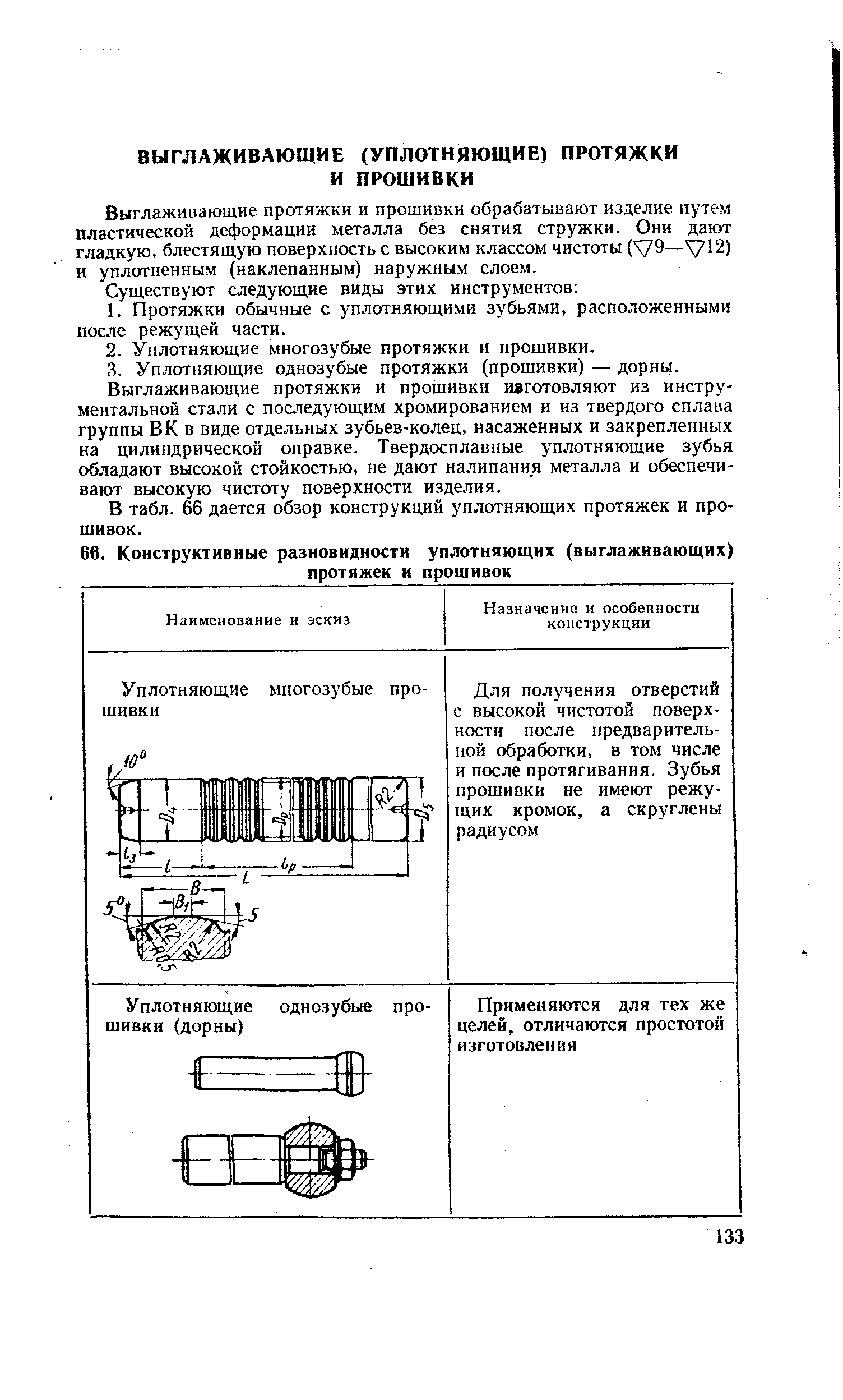 Выглаживающие протяжки и прошивки обрабатывают изделие путем пластической деформации металла без снятия стружки. Они дают гладкую, блестящую поверхность с высоким классом чистоты ( 9— 12) и уплотненным (наклепанным) наружным слоем.

