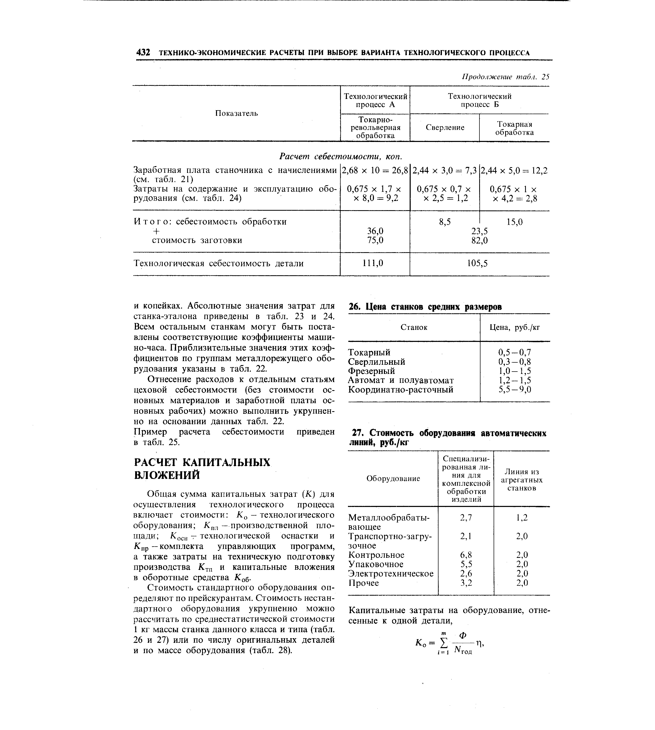 Общая сумма капитальных затрат (К) для осуществления технологического процесса включает стоимости Кд — технологического оборудования — производственной площади Коен технологической оснастки и Кпр — комплекта управляющих программ, а также затраты на техническую подготовку производства Кхп и капитальные вложения в оборотные средства Кд .
