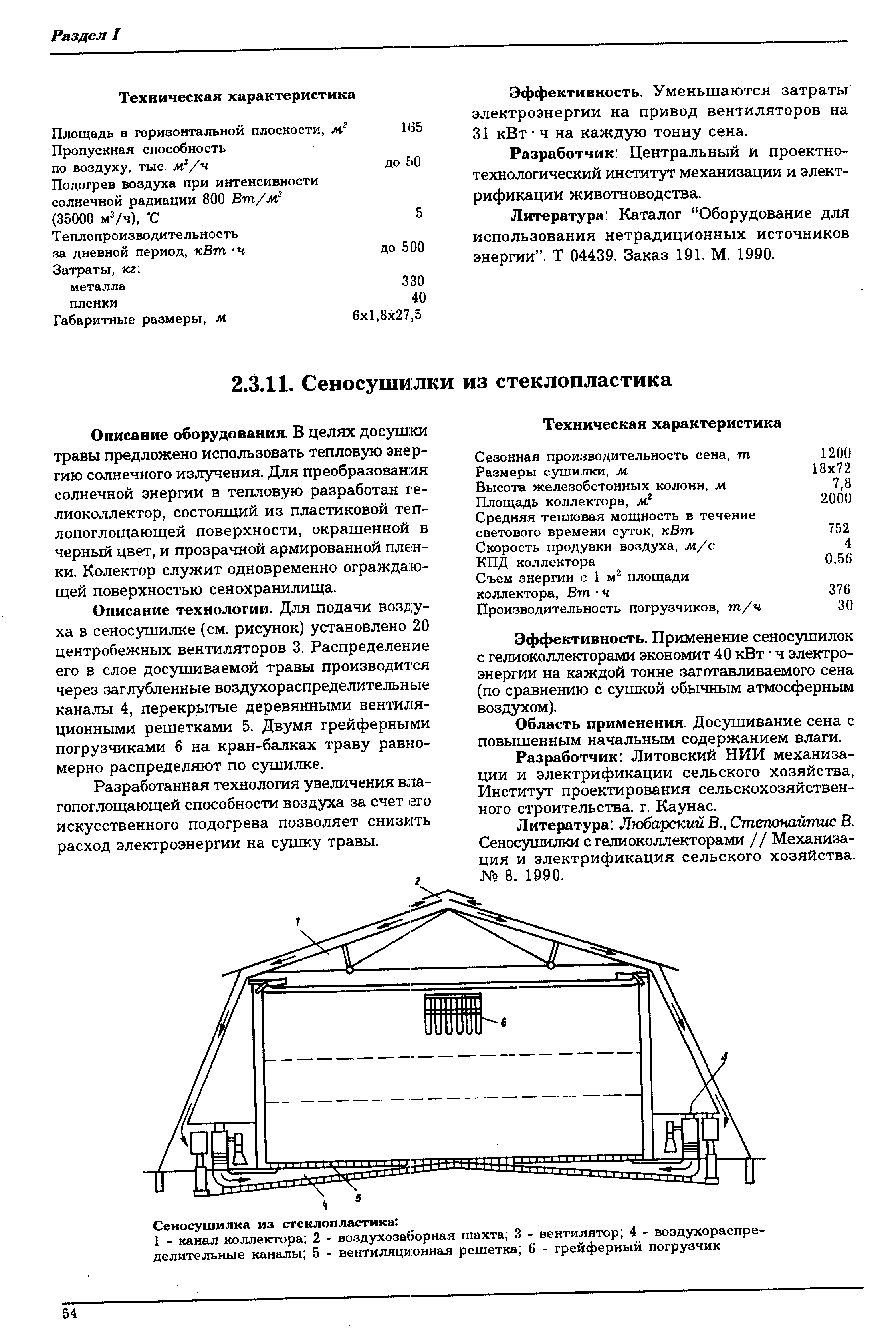 Описание технологии. Для подачи воз у-ха в сеносушилке (см. рисунок) установлено 20 центробежных вентиляторов 3. Распределение его в слое досушиваемой травы производится через заглубленные воздухораспределительные каналы 4, перекрытые деревянными вентил [я-ционными решетками 5. Двумя грейферными погрузчиками 6 на кран-балках траву равгго-мерно распределяют по сушилке.
