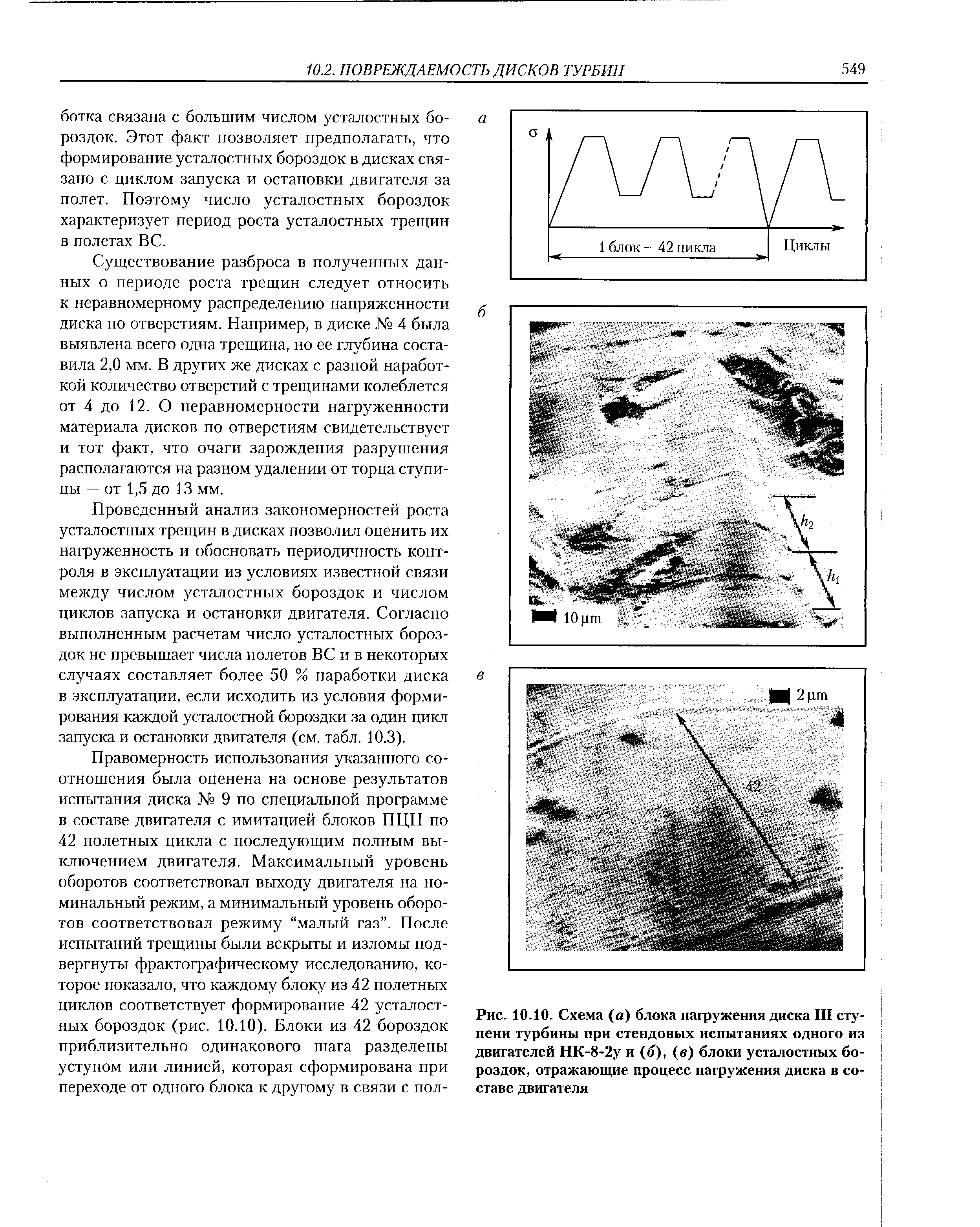 Рис. 10.10. Схема (а) блока нафужения диска III tj -пени турбины при стендовых испытаниях одного из двигателей НК-8-2у и (б), (в) блоки усталостных бороздок, отражающие <a href="/info/46474">процесс нагружения</a> диска в составе двигателя
