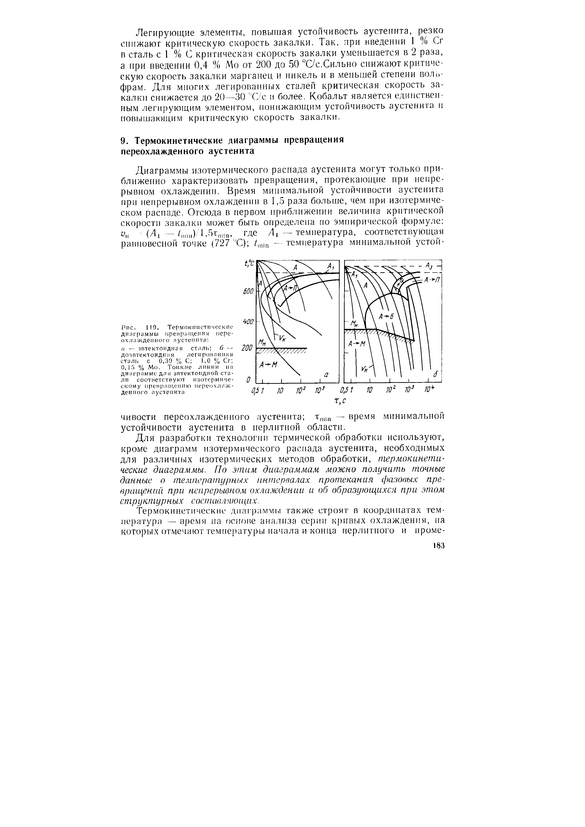 Для разработки технологии термической обработки исиользуют, кроме диаграмм изотермического распада аустенита, необходимых для различных изотермических методов обработки, термокинетические диаграммы. По этим диаграммам можно получить точные данные о температурных интервалах протекания фазовых превращений при непрерывном охлаждении и об образующихся при этом структурных составляющих.
