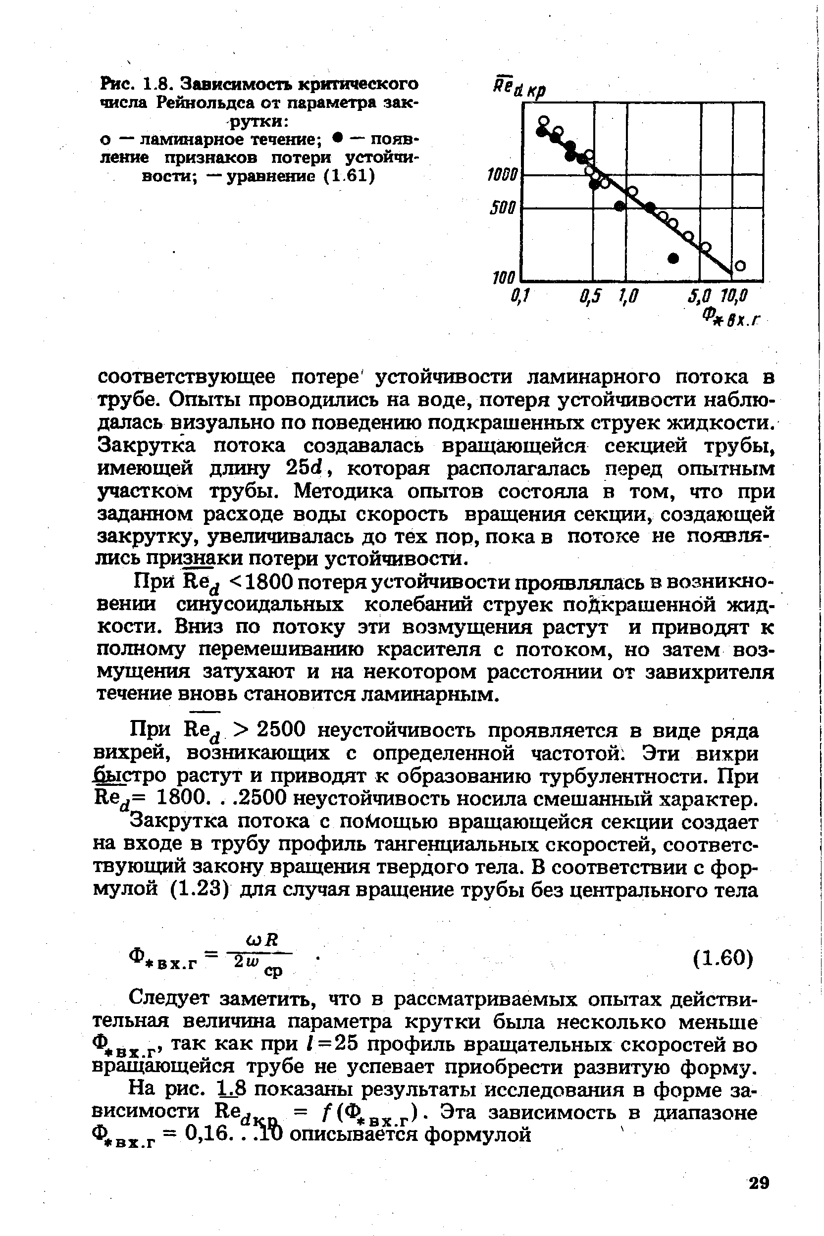 При Ке 1800 потеря устойчивости проявлялась в возникновении синусоидальных колебаний струек поЙкрашенной жидкости. Вниз по потоку эти возмущения растут и приводят к полному перемешиванию красителя с потоком, но затем возмущения затухают и на некотором расстоянии от завихрителя течение вновь становится ламинарным.
