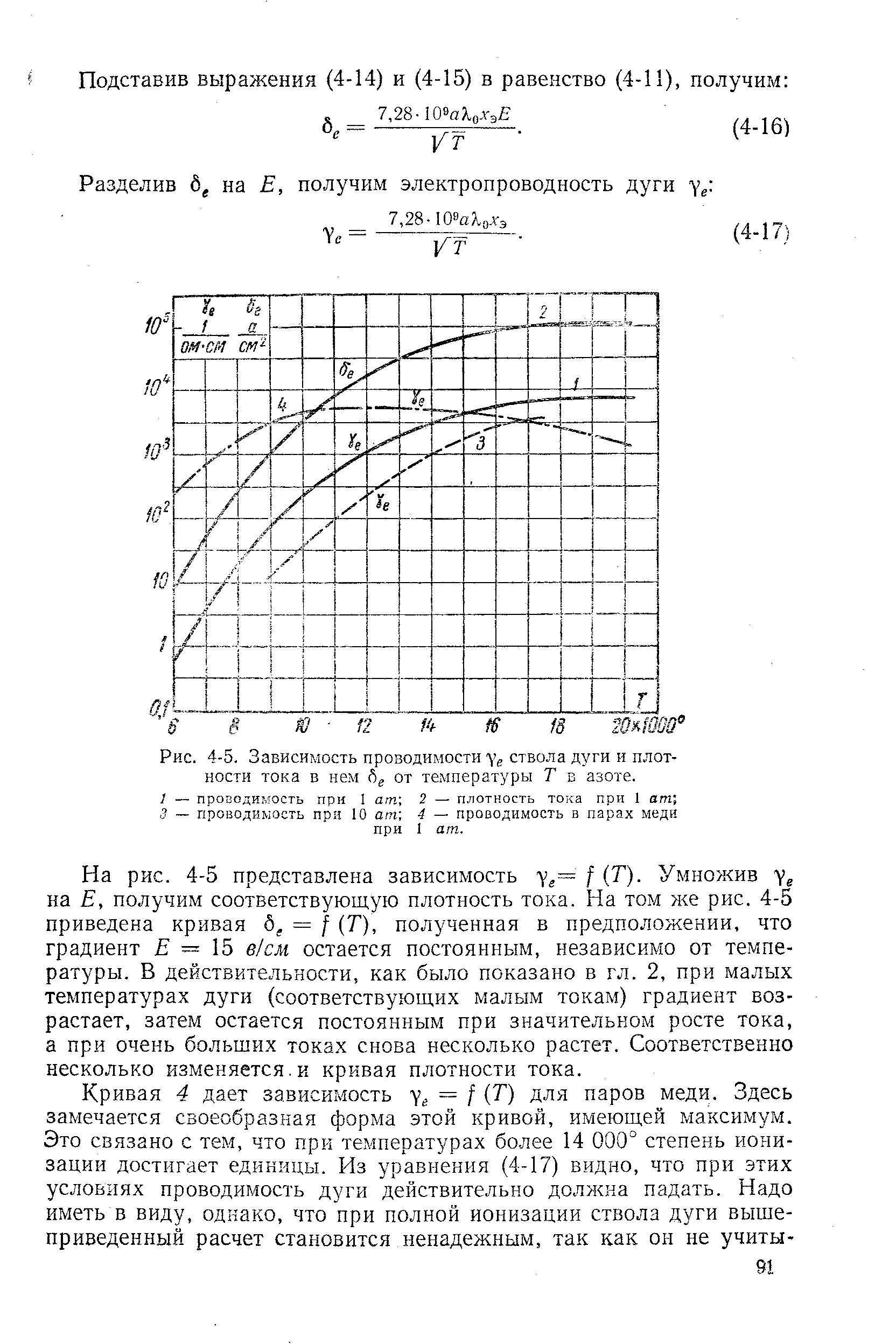 Рис. 4-5. Зависимость проводимости ствола дуги и <a href="/info/6698">плотности тока</a> в нем 6 от температуры Т б азоте.
