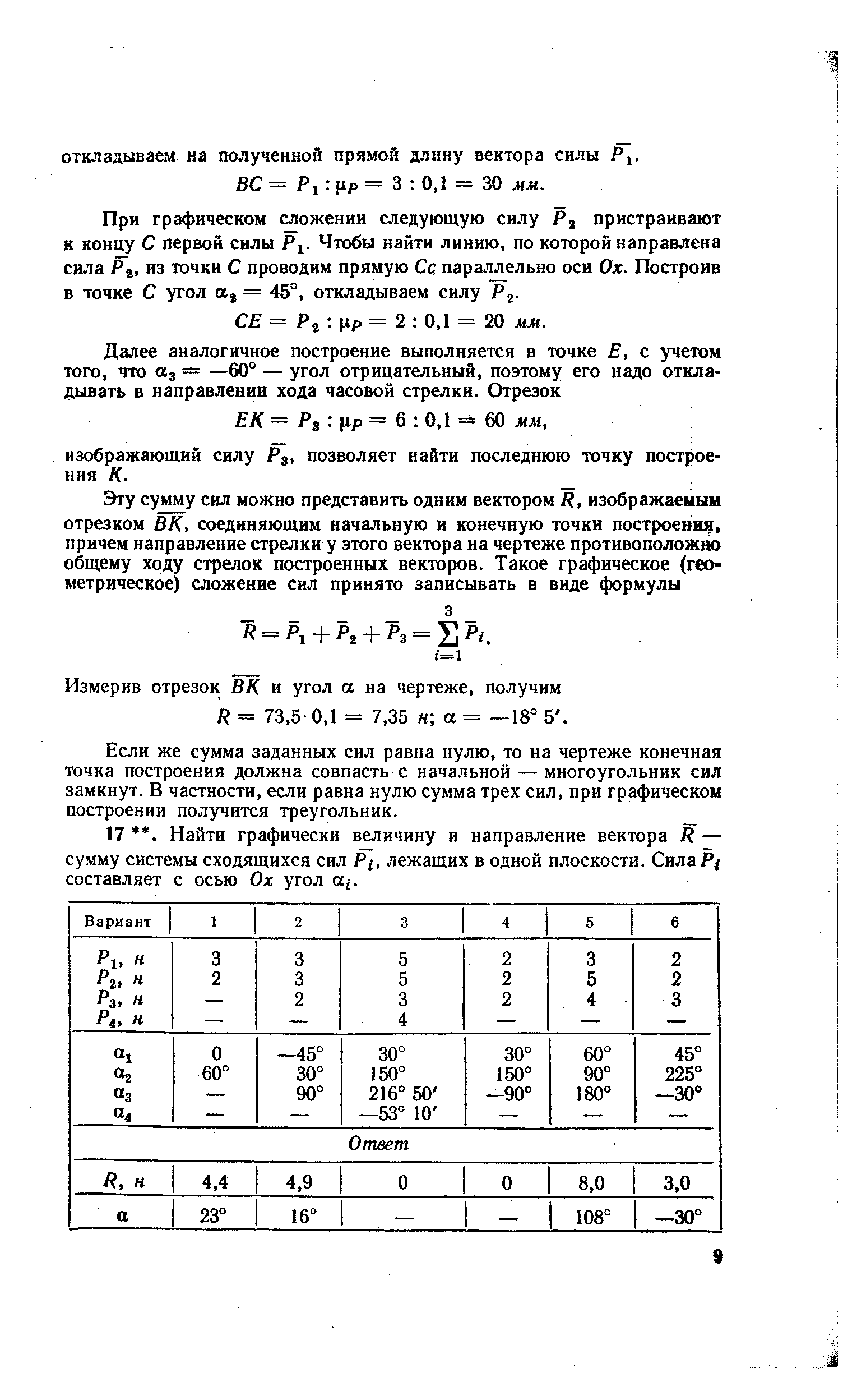 При графическом ыожении следующую силу Pj пристраивают к концу С первой силы Р . Чтобы найти линию, по которой направлена сила Р , из точки С проводим прямую Сс параллельно оси Ох. Построив в точке С угол = 45°, откладываем силу Р .

