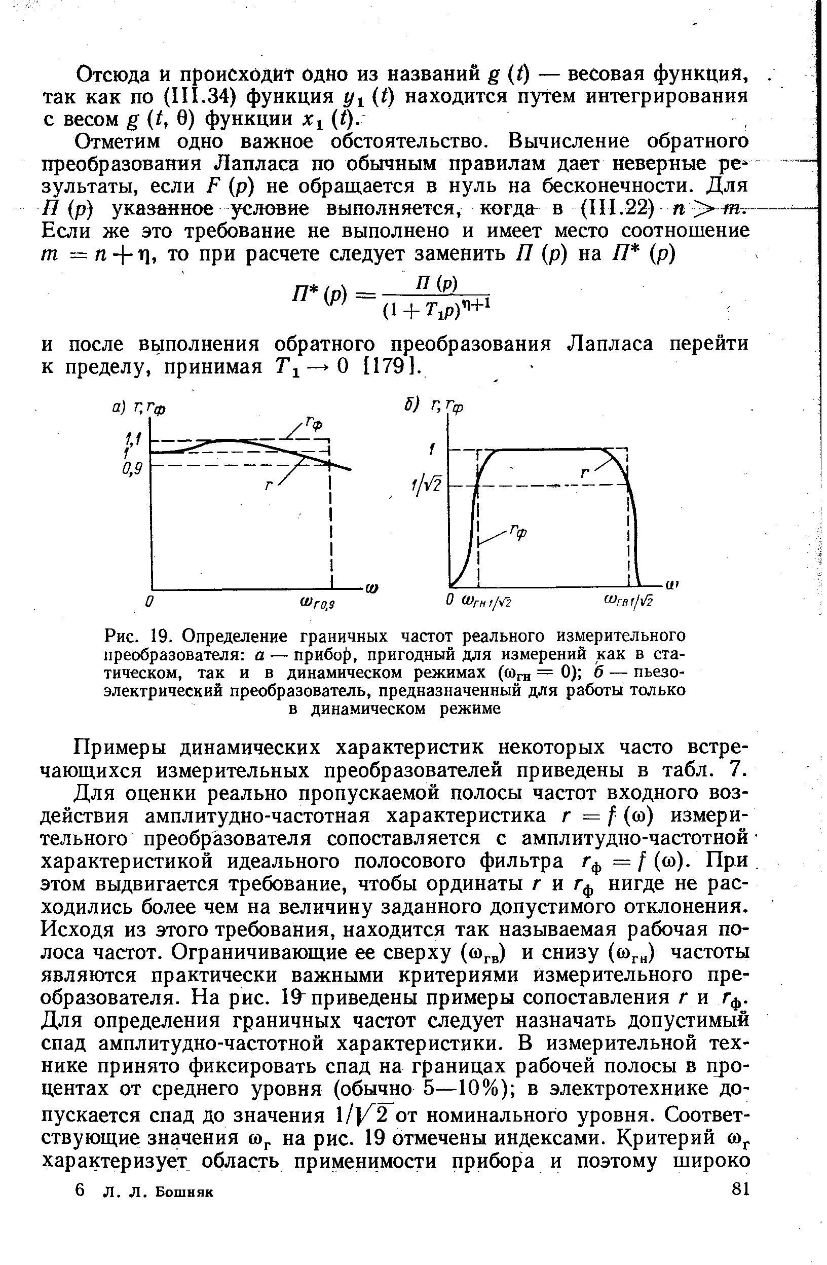 Рис. 19. Определение граничных частот реального <a href="/info/8467">измерительного преобразователя</a> а — прибор), пригодный для измерений как в статическом, так и в динамическом режимах (Шгн =0) б — <a href="/info/351301">пьезоэлектрический преобразователь</a>, предназначенный для работы только в динамическом режиме

