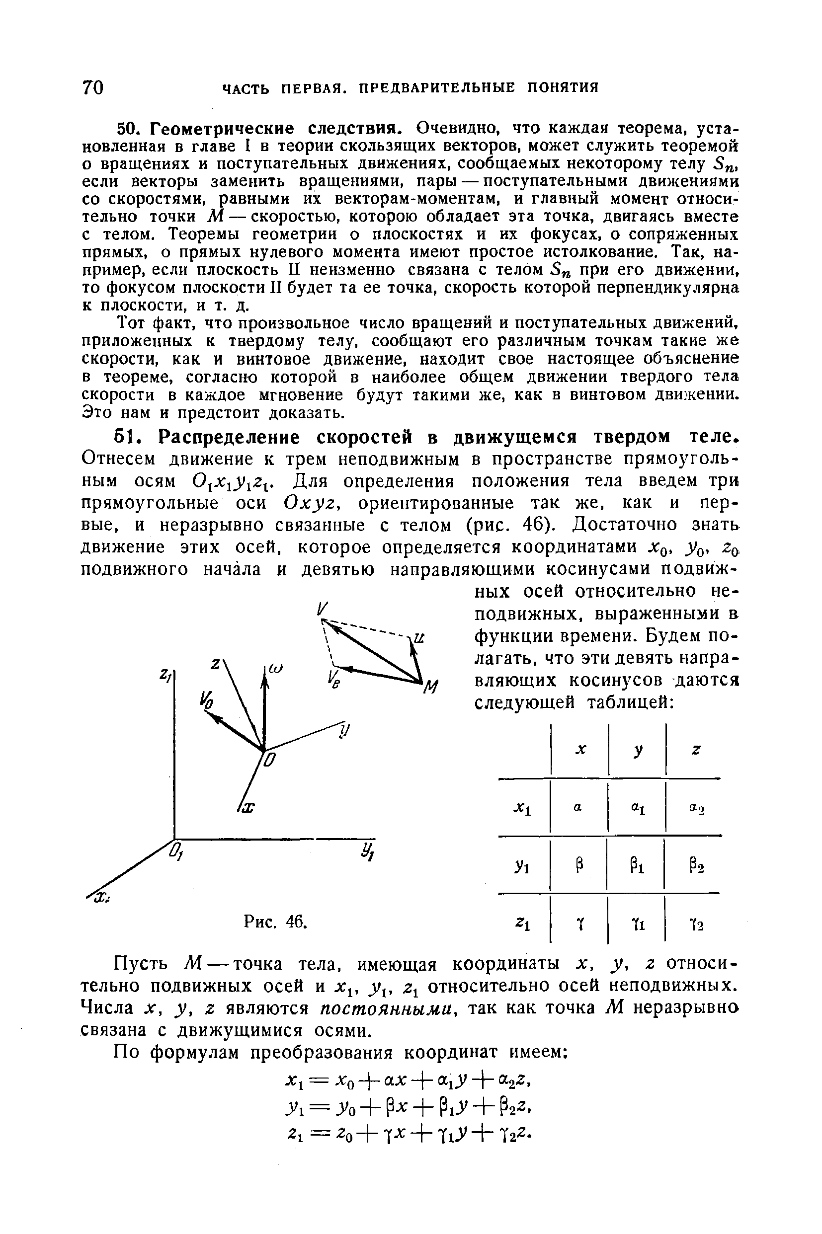 Пусть М — точка тела, имеющая координаты х, у, г относительно подвижных осей и х , у,, относительно осей неподвижных. Числа X, у, г являются постоянными, так как точка Ж неразрывно связана с движущимися осями.
