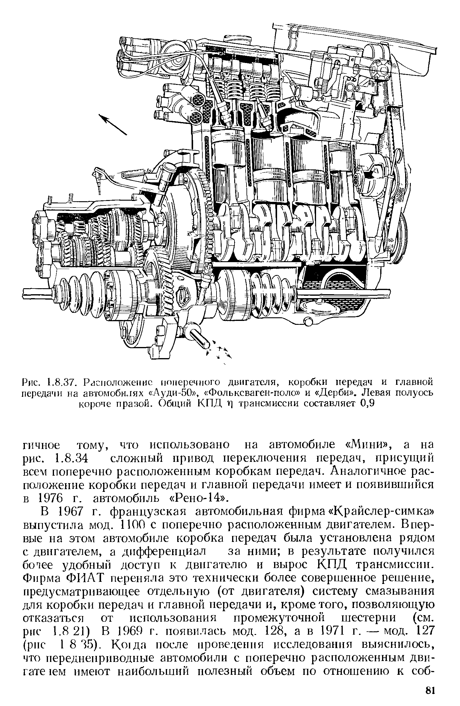 Рис. 1.8,37. Расположение поперечного двигателя, <a href="/info/101">коробки передач</a> и <a href="/info/205177">главной передачи</a> на автомоби.шх Ауди-50 , Фольксваген-поло и Дерби . Левая полуось короче празой. Общий КПД г трансмиссии составляет 0,9
