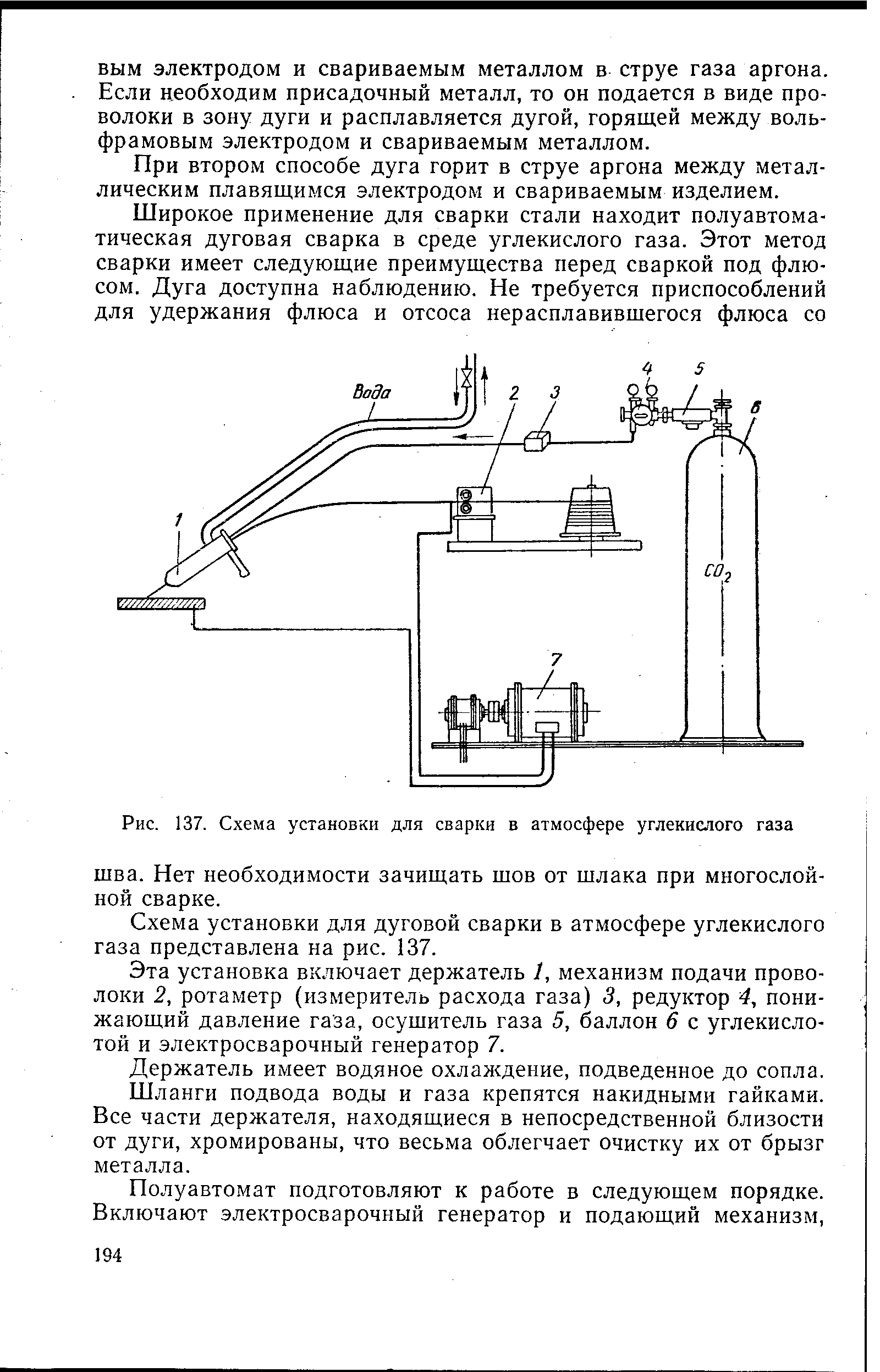 Рис. 137. Схема установки для сварки в атмосфере углекислого газа
