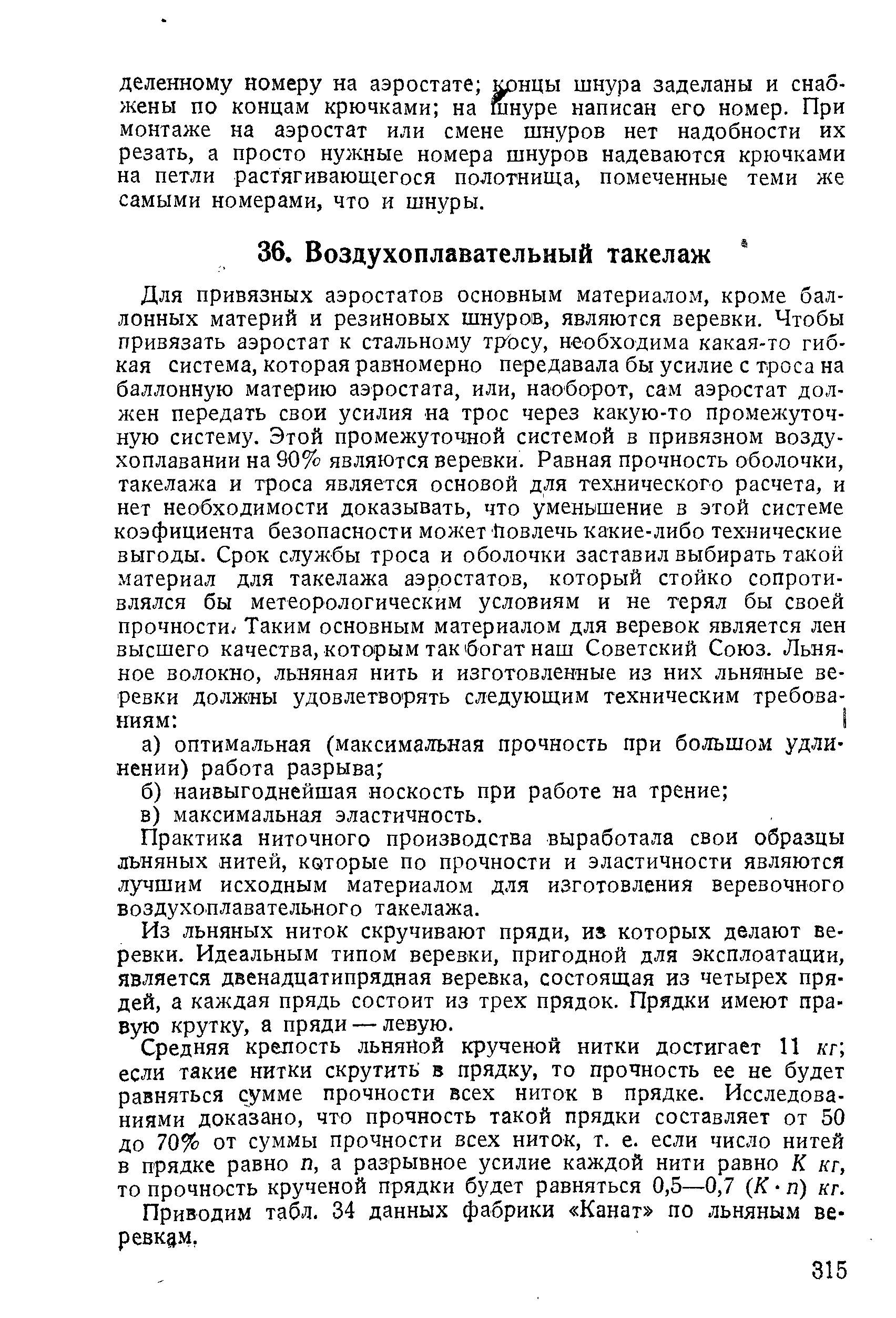 Практика ниточного производства выработала свои образцы льняных нитей, которые по прочности и эластичности являются лучшим исходным материалом для изготовления веревочного воздухоплавательного такелажа.
