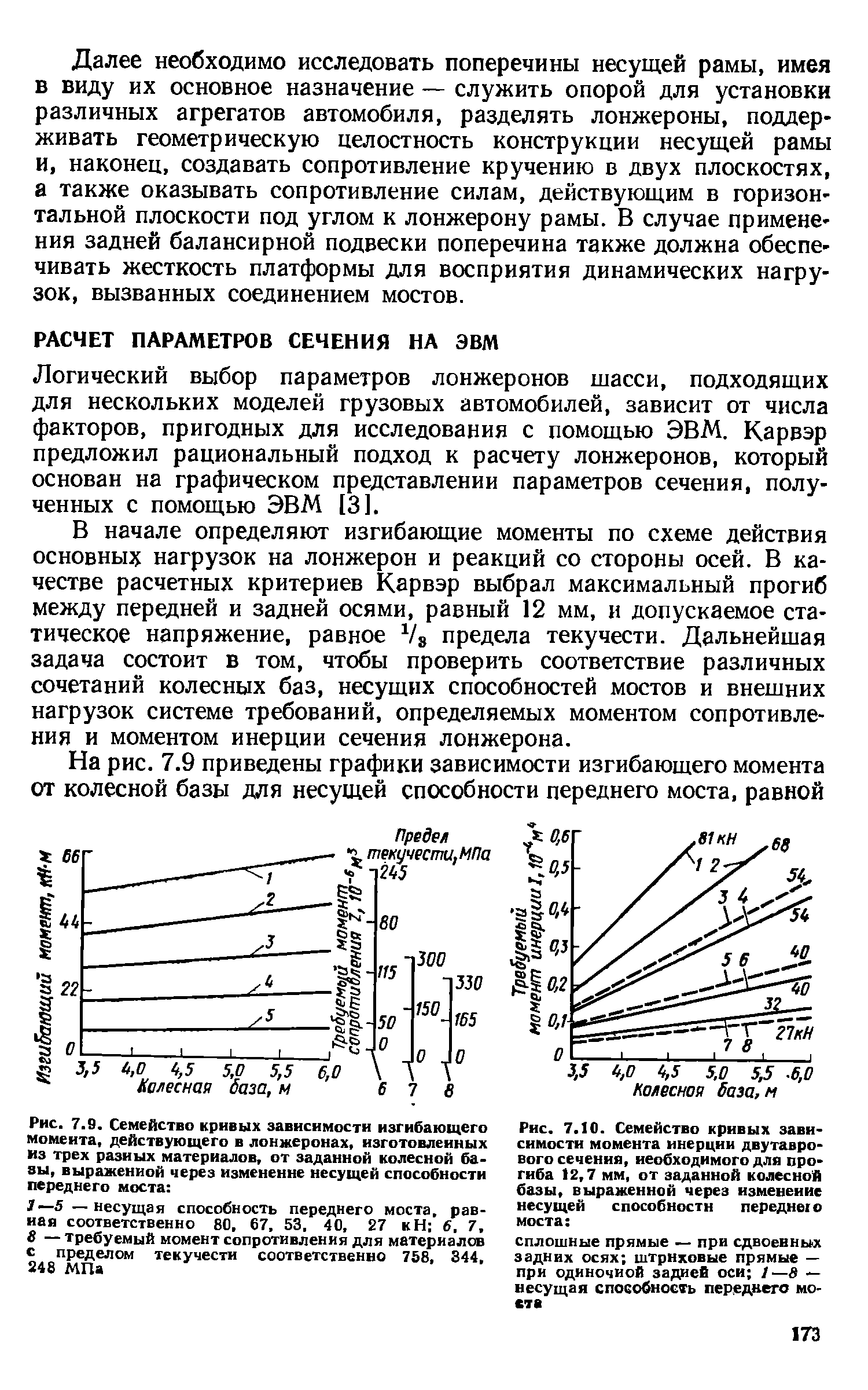 Логический выбор параметров лонжеронов шасси, подходящих для нескольких моделей грузовых автомобилей, зависит от числа факторов, пригодных для исследования с помощью ЭВМ. Карвэр предложил рациональный подход к расчету лонжеронов, который основан на графическом представлении параметров сечения, полученных с помощью ЭВМ [3].
