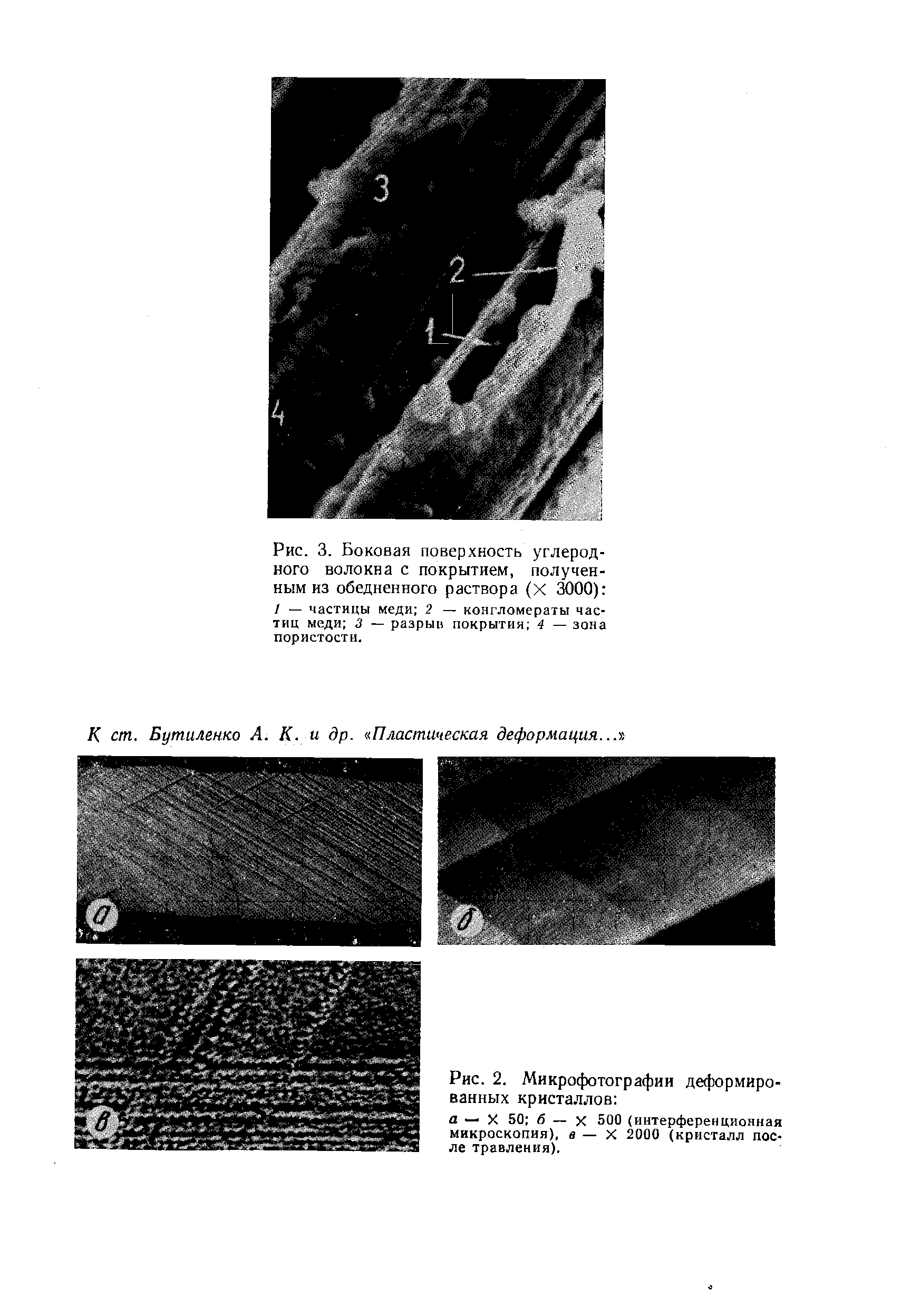 Рис. 2. Микрофотографии деформированных кристаллов а — X 50 б — X 500(интерференционная микроскопия), в — X 2000 (кристалл после травления).

