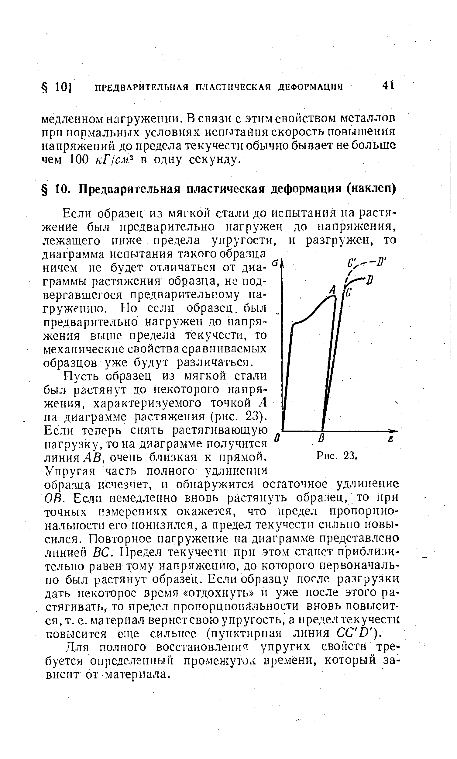 Если образец из мягкой стали до испытания на растяжение был предварительно нагружен до напряжения, лежащего ниже предела упругости, и разгружен, то диаграмма испытания такого образца ничем не будет отличаться от диаграммы растяжения образца, не подвергавшегося предварительному на-грул ению. Но если образец, был предварительно нагружен до напряжения выше предела текучести, то механические свойства сравниваемых образцов уже будут различаться.
