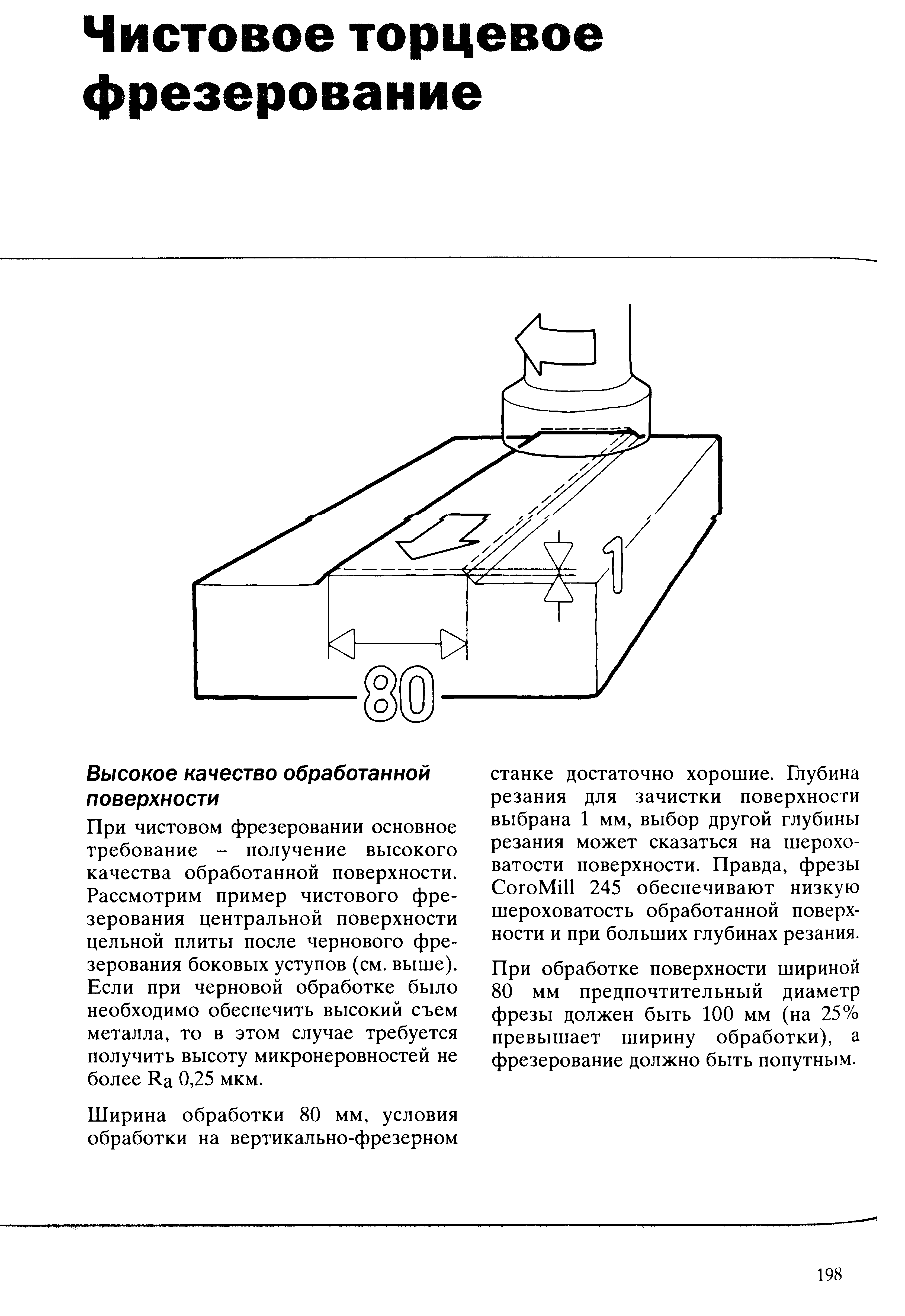 При чистовом фрезеровании основное требование - получение высокого качества обработанной поверхности. Рассмотрим пример чистового фрезерования центральной поверхности цельной плиты после чернового фрезерования боковых уступов (см. выше). Если при черновой обработке было необходимо обеспечить высокий съем металла, то в этом случае требуется получить высоту микронеровностей не более Ка 0,25 мкм.
