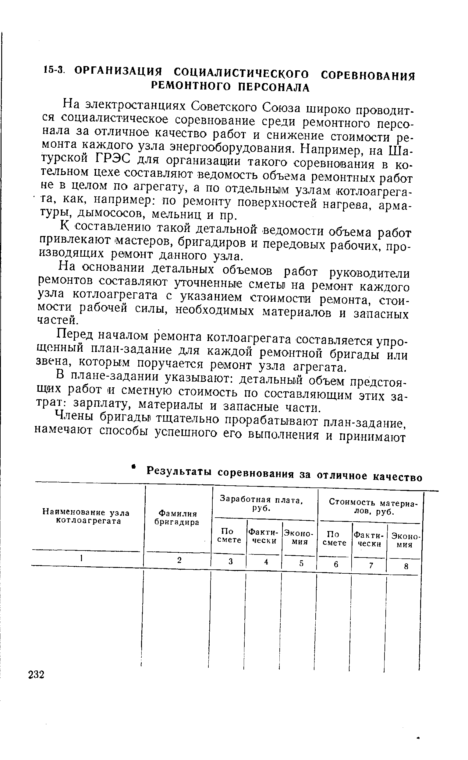 На электростанциях Советского Союза широко проводится социалистическое соревнование среди ремонтного персонала за отличное качество работ и снижение стоимости ремонта каждого узла энергооборудования. Например, на Шатурской ГРЭС для организации такого соревнавания в котельном цехе составляют ведомость объема ремонтных работ не в целом по агрегату, а по отдельным узлам отлоагрега-та, как, например по ремонту поверхностей нагрева, арматуры, дымососов, мельниц и пр.
