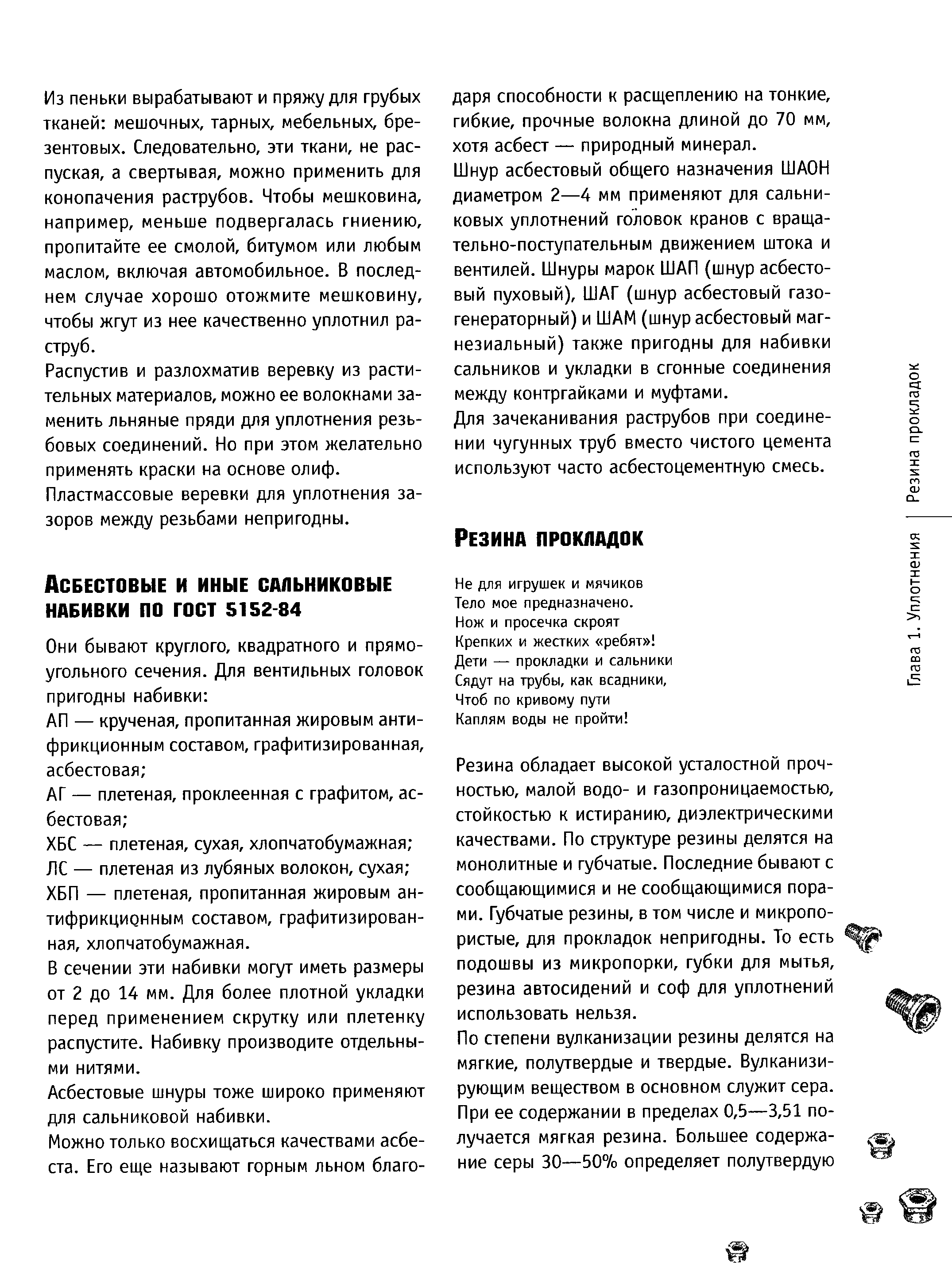 ХБС — плетеная, сухая, хлопчатобумажная ЛС — плетеная из лубяных волокон, сухая ХБП — плетеная, пропитанная жировым антифрикционным составом, графитизированная, хлопчатобумажная.
