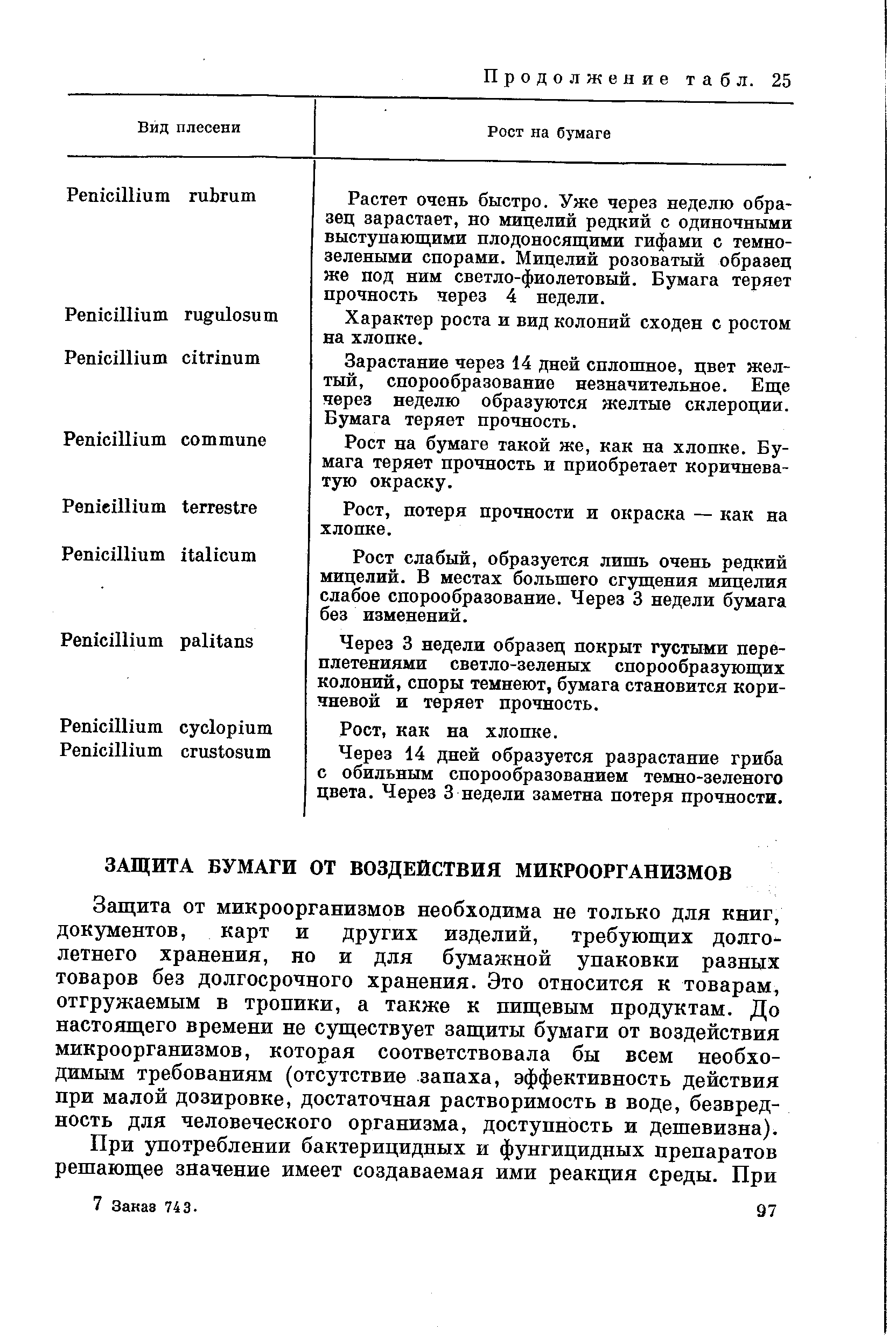 Защита от микроорганизмов необходима не только для книг, документов, карт и других изделий, требующих долголетнего хранения, но и для бумажной упаковки разных товаров без долгосрочного хранения. Это относится к товарам, отгружаемым в тропики, а также к пищевым продуктам. До настоящего времени не существует защиты бумаги от воздействия микроорганизмов, которая соответствовала бы всем необходимым требованиям (отсутствие запаха, эффективность действия при малой дозировке, достаточная растворимость в воде, безвредность для человеческого организма, доступность и дешевизна).
