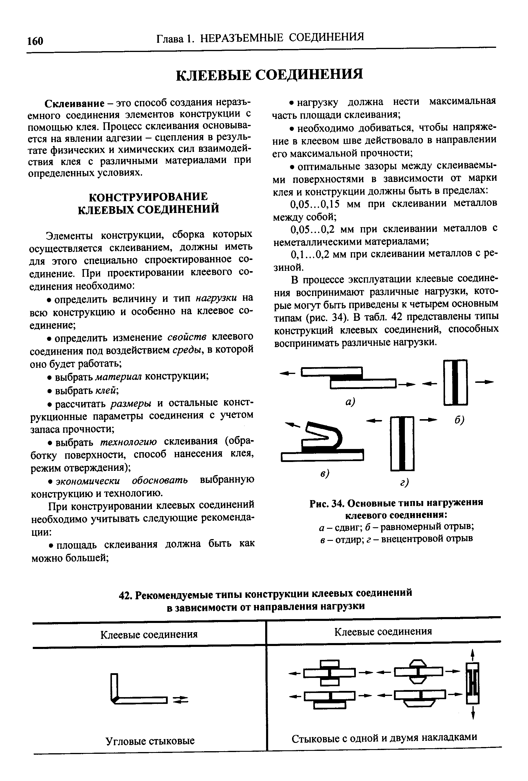 В процессе эксплуатации клеевые соединения воспринимают различные нагрузки, которые могут быть приведены к четырем основным типам (рис. 34). В табл. 42 представлены типы конструкций клеевых соединений, способных воспринимать различные нагрузки.
