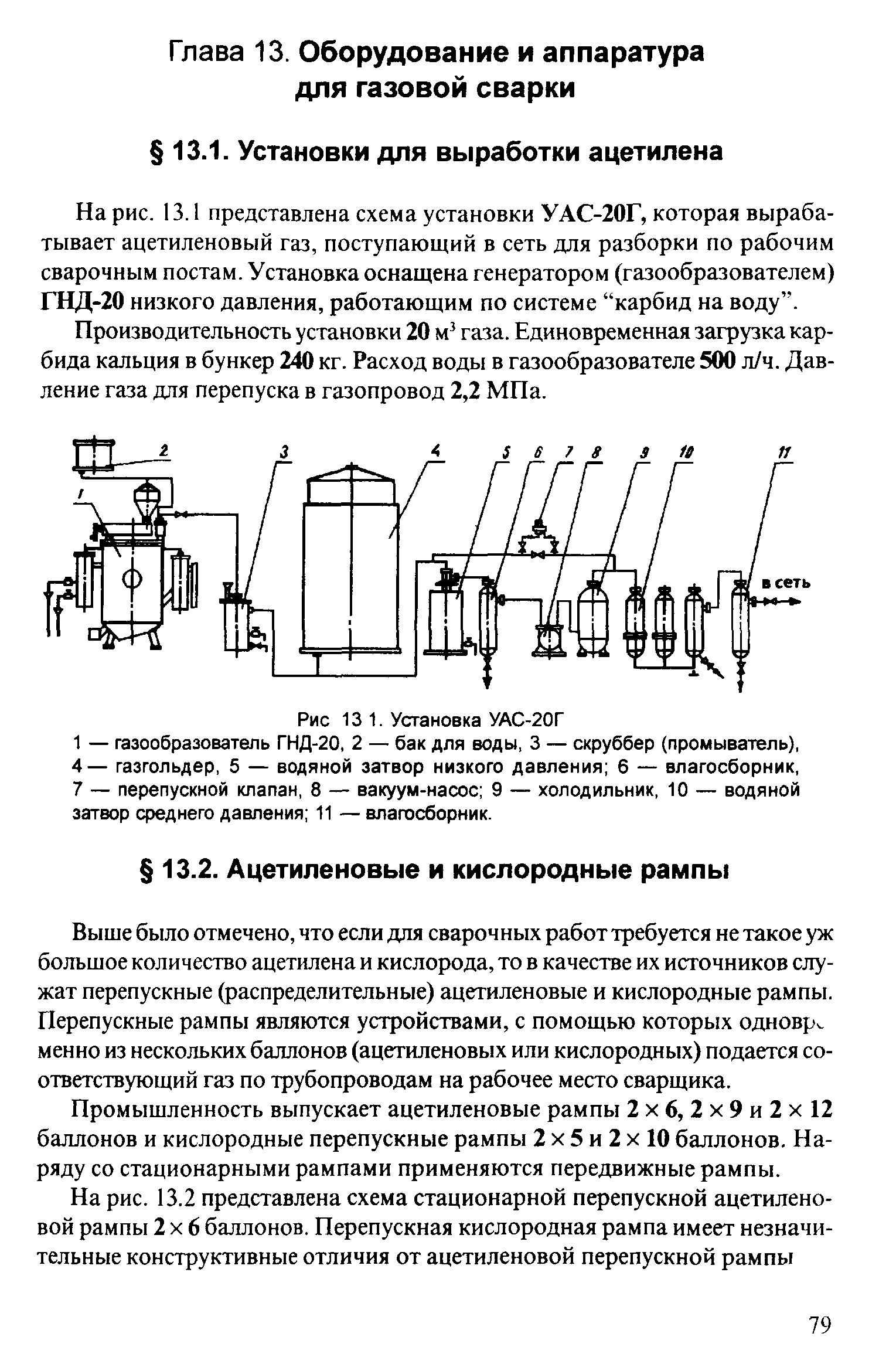 Выше было отмечено, что если для сварочных работ требуется не такое уж большое количество ацетилена и кислорода, то в качестве их источников служат перепускные (распределительные) ацетиленовые и кислороднью рампы. Перепускные рампы являются устройствами, с помощью которых одновр менно из нескольких баллонов (ацетиленовых или кислородных) подается соответствующий газ по трубопроводам на рабочее место сварщика.
