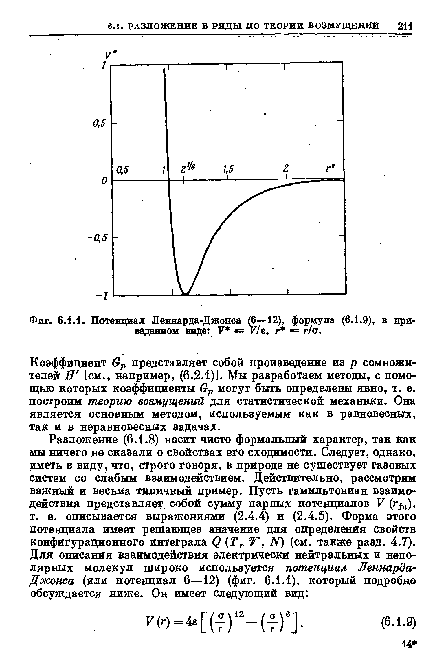 Фиг. 6.1.1. <a href="/info/3848">Потенциал Леннарда-Джонса</a> (6—12), формула (6.1.9), в приведенном виде V — У/е, = г/а.
