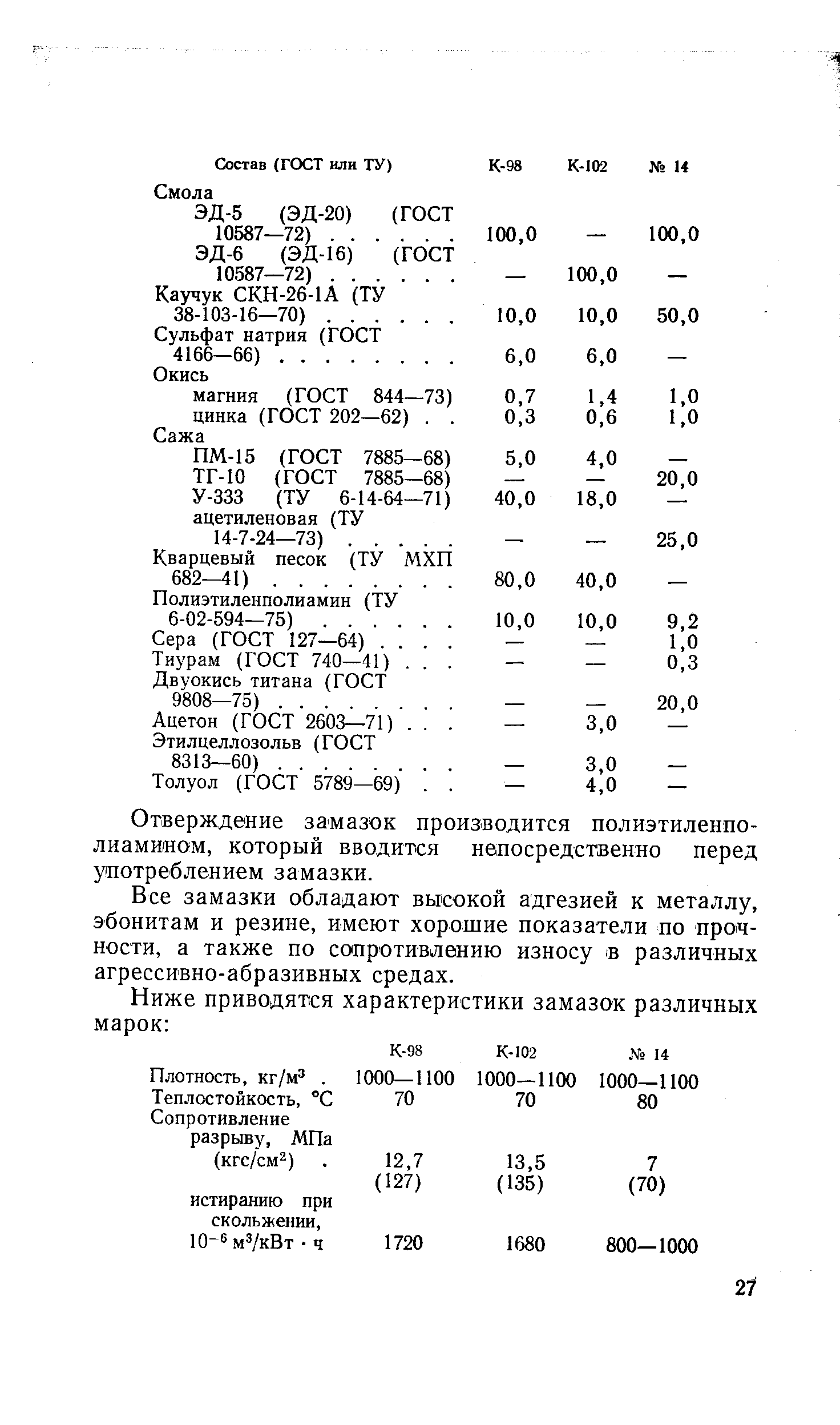 Все замазки обладают высокой адгезией к металлу, эбонитам и резине, имеют хорошие показатели по прочности, а также по сопротивлению износу в различных агрессивно-абразивных средах.
