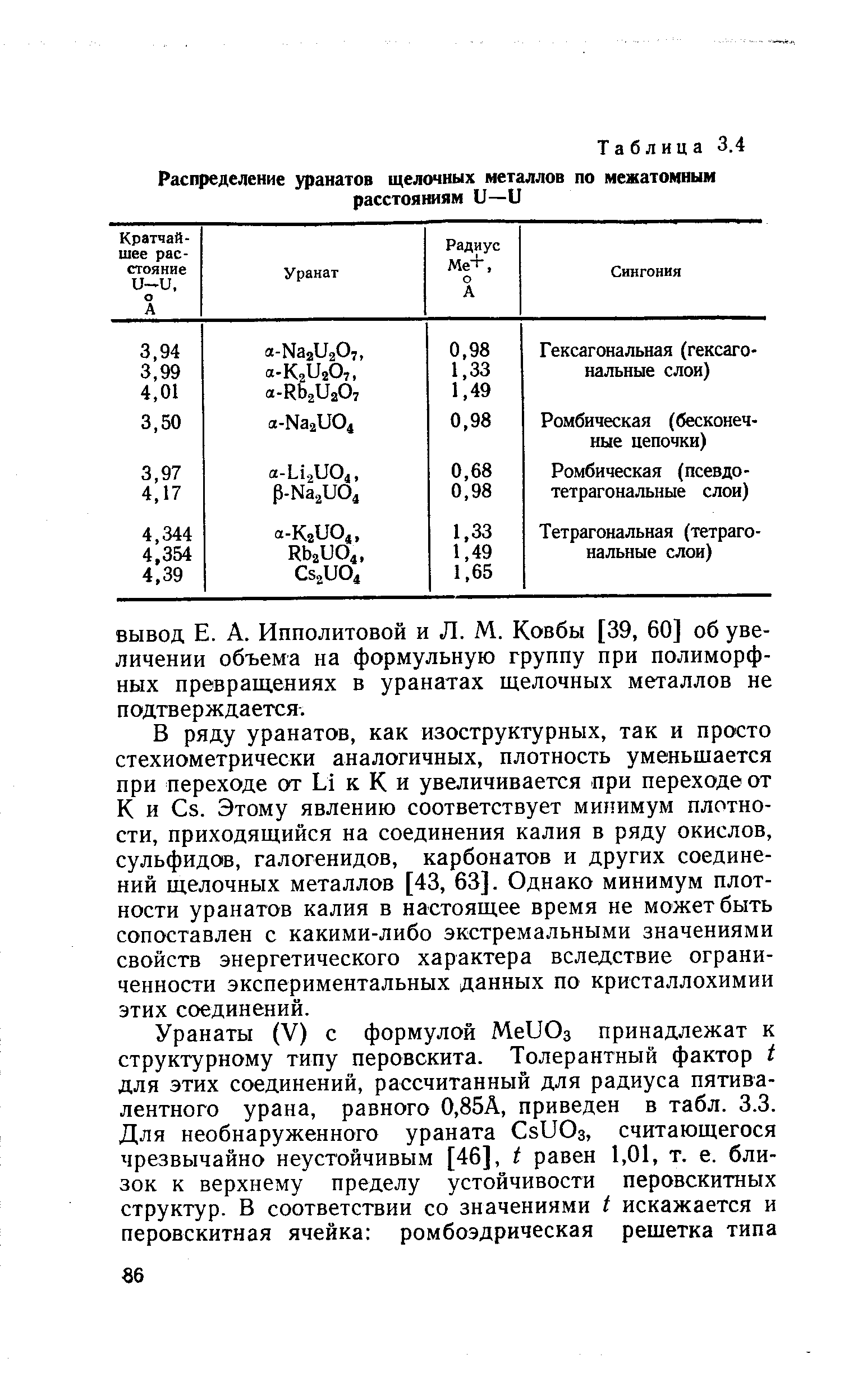 В ряду уранатов, как изоструктурных, так и просто стехиометрически аналогичных, плотность уменьшается при переходе от Ы к К и увеличивается при переходе от К и Сз. Этому явлению соответствует минимум плотности, приходящийся на соединения калия в ряду окислов, сульфидов, галогенидов, карбонатов и других соединений щелочных металлов [43, 63]. Однако минимум плотности уранатов калия в настоящее время не может быть сопоставлен с какими-либо экстремальными значениями свойств энергетического характера вследствие ограниченности экспериментальных данных по кристаллохимии этих соединений.
