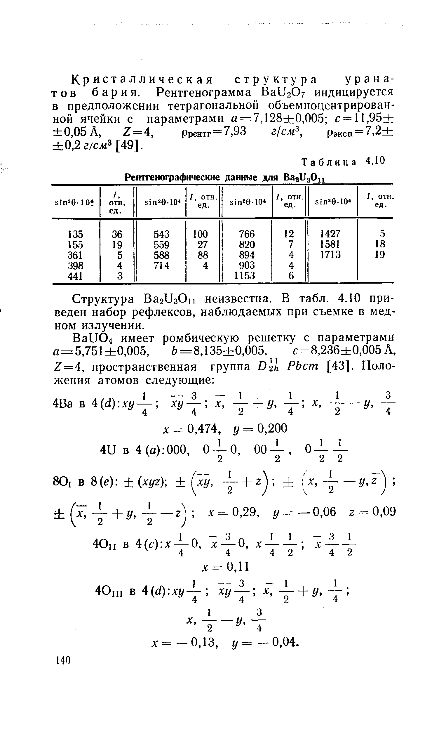 Структура ВагизОц неизвестна. В табл. 4.10 приведен набор рефлексов, наблюдаемых при съемке в медном излучении.
