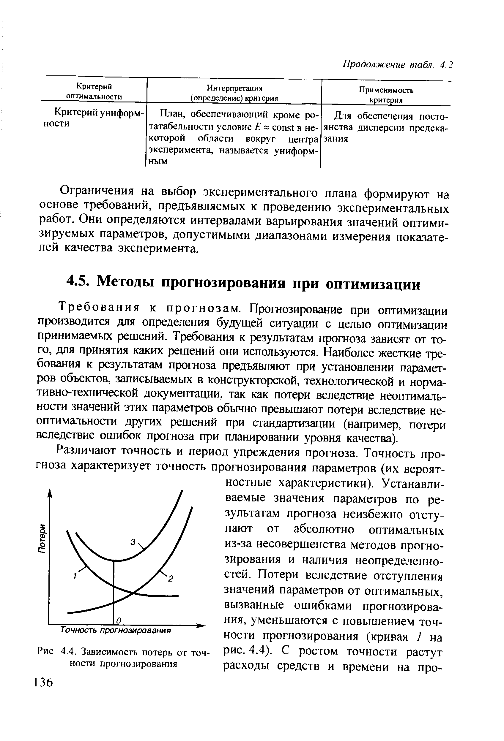 Требования к прогнозам. Прогнозирование при оптимизации производится для определения будущей ситуации с целью оптимизации принимаемых решений. Требования к результатам прогноза зависят от того, для принятия каких решений они используются. Наиболее жесткие требования к результатам прогноза предъявляют при установлении параметров объектов, записываемых в конструкторской, технологической и нормативно-технической документации, так как потери вследствие неоптималь-ности значений этих параметров обычно превышают потери вследствие не-оптимальности других решений при стандартизации (например, потери вследствие ошибок прогноза при планировании уровня качества).
