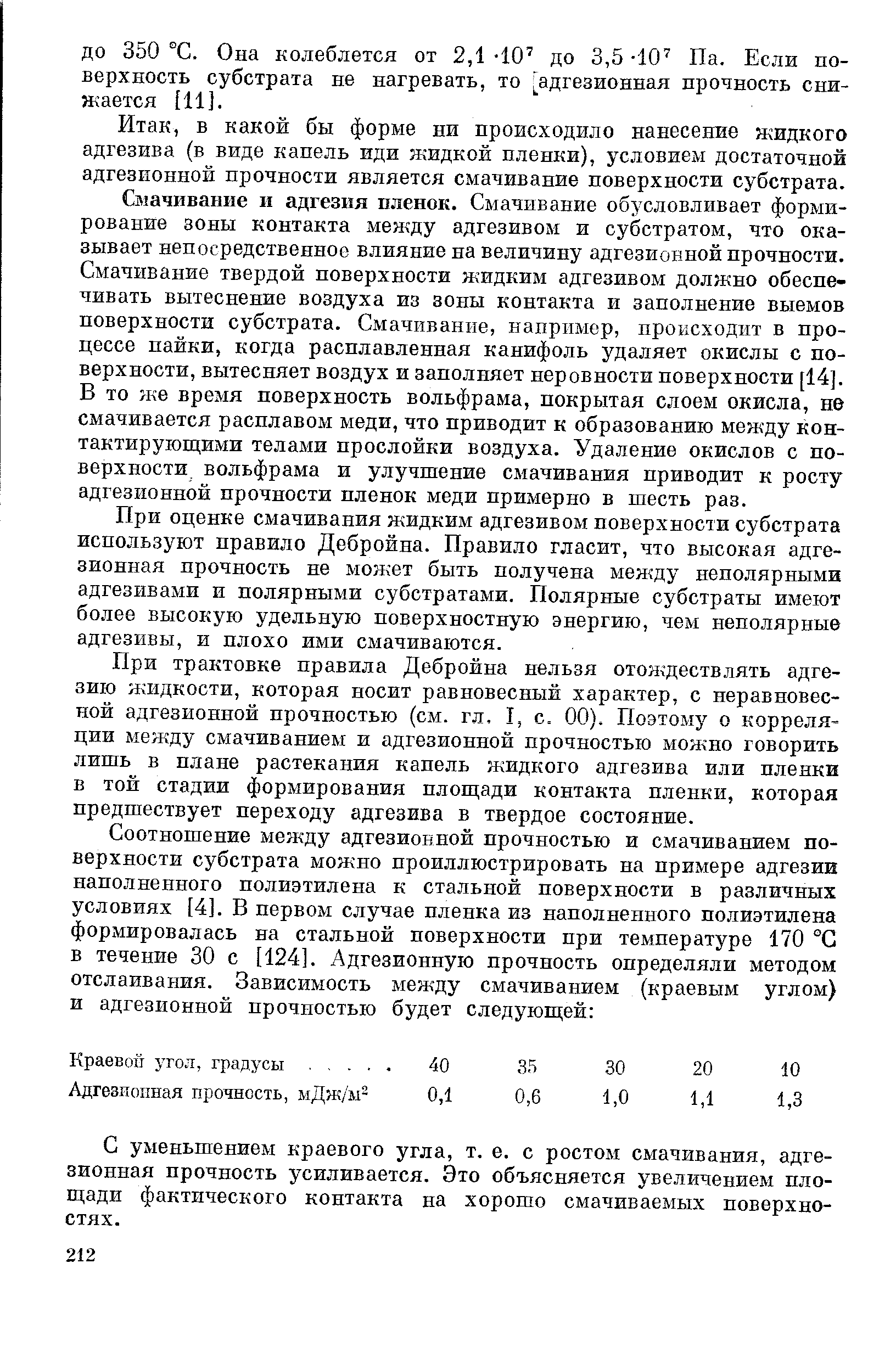 Смачивание и адгезия пленок. Смачивание обусловливает формирование зоны контакта между адгезивом и субстратом, что оказывает непосредственное влияние на величину адгезионной нрочности. Смачивание твердой поверхности жидким адгезивом должно обеспечивать вытеснение воздуха из зоны контакта и заполнение выемов поверхности субстрата. Смачивание, например, происходит в процессе пайки, когда расплавленная канифоль удаляет окислы с поверхности, вытесняет воздух и заполняет неровности поверхности [14]. В то же время поверхность вольфрама, покрытая слоем окисла, не смачивается расплавом меди, что приводит к образованию между кон-тактируюш,ими телами прослойки воздуха. Удаление окислов с поверхности вольфрама и улучшение смачивания приводит к росту адгезионной прочности пленок меди примерно в шесть раз.
