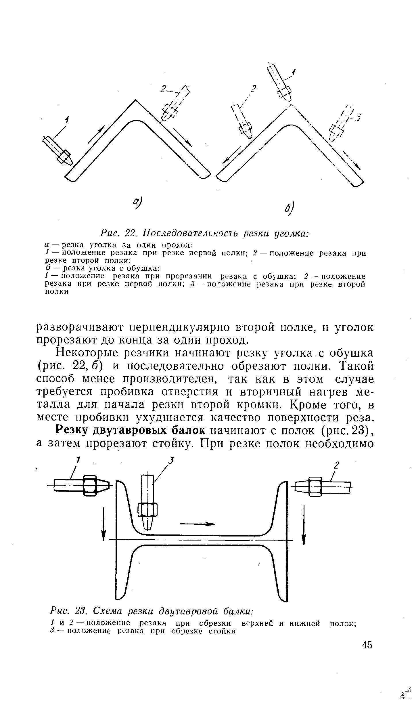 Некоторые резчики начинают резку уголка с обушка (рис. 22,6) и последовательно обрезают полки. Такой способ менее производителен, так как в этом случае требуется пробивка отверстия и вторичный нагрев металла для начала резки второй кромки. Кроме того, в месте пробивки ухудшается качество поверхности реза.
